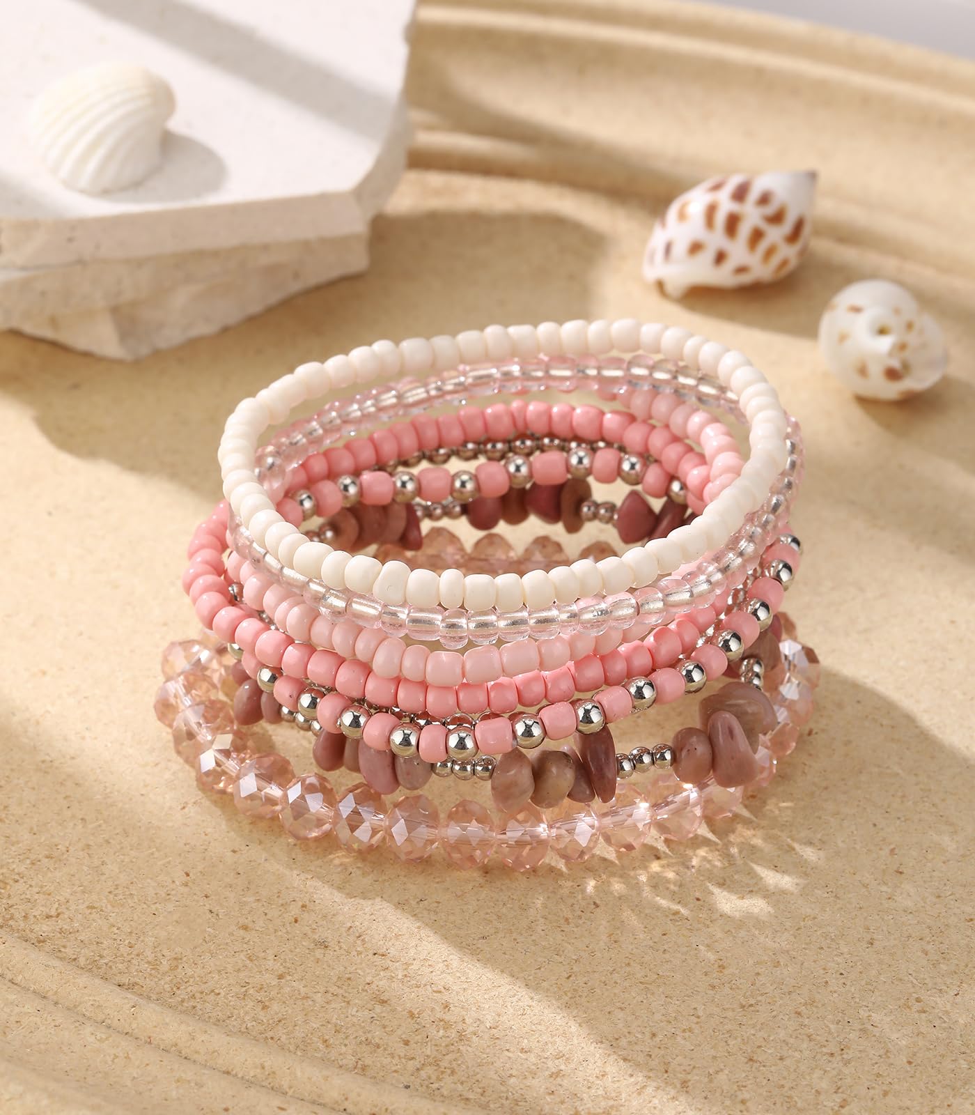 Noessla Boho Beaded Bracelets for Women Stackable Irregular Natural Stone Bead Stretch Bracelet Set 8PCS Costume Jewelry Gifts for Her(Pink)