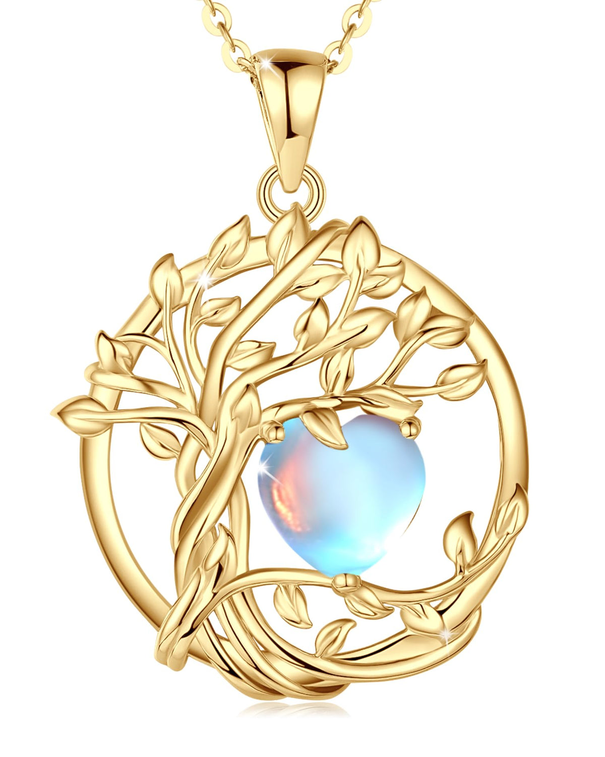 FANCIME Tree of life Moonstone necklace Sterling Silver Yellow Gold Plated June Birthstone Pendant Rainbow Gemstone Birthday Mothers Day Gifts for Women Wife Mom Her