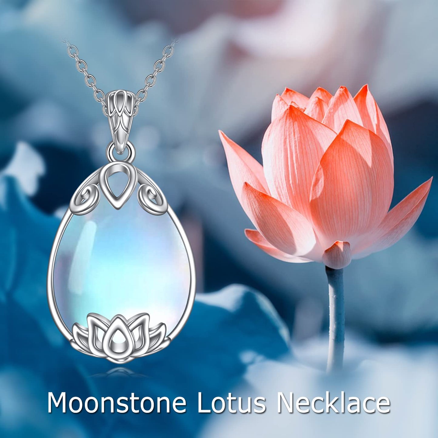 YAFEINI 925 Sterling Silver Moonstone Lotus Necklace Filigree Teardrop Pendant Necklace Jewelry Gift for Women (I-Lotus moonstone necklace)