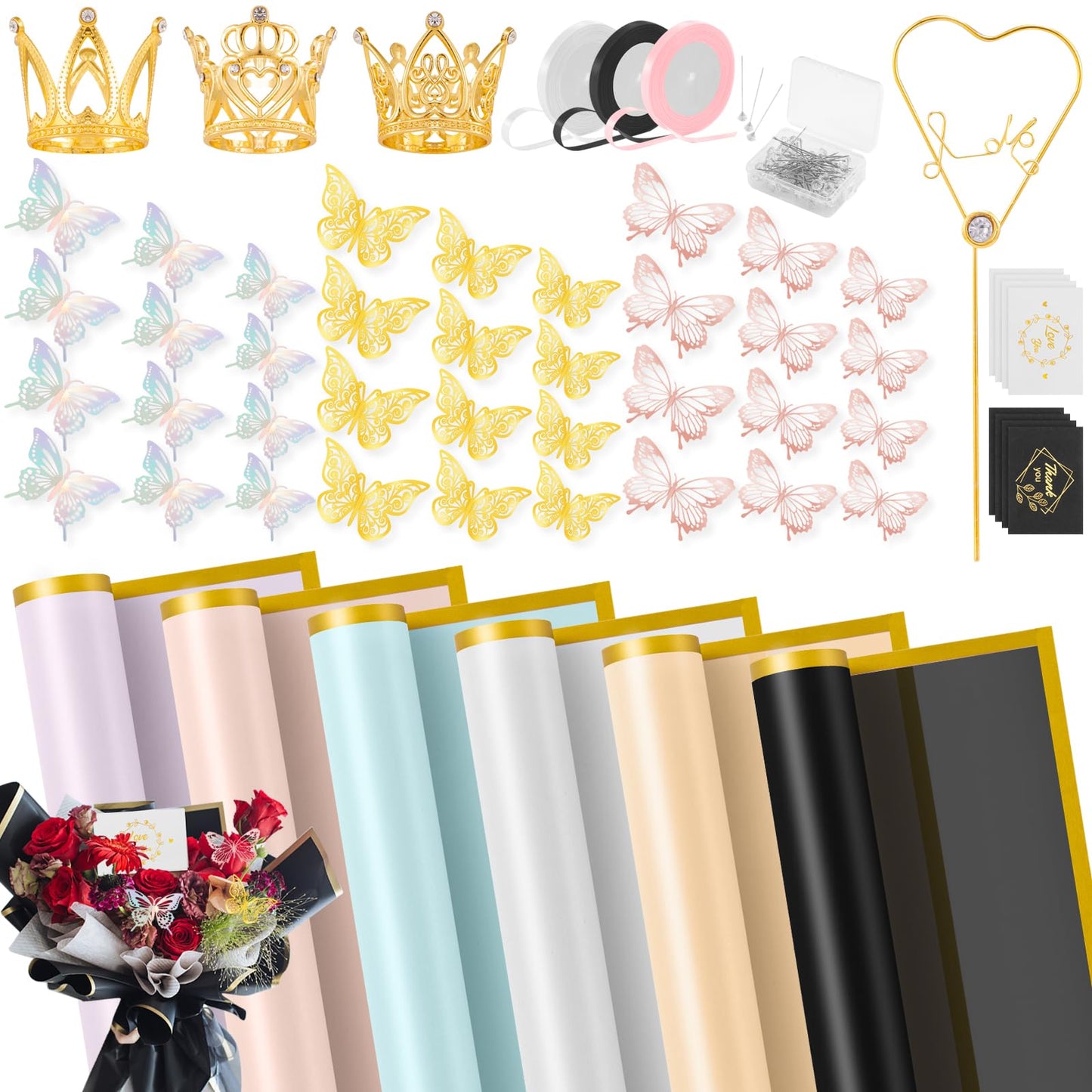 VinTS 167Pcs Floral Bouquet Wrapping Paper Waterproof Flower Wrapping Paper 66 Sheets 6 Colors with Ribbons 3D Butterfly,Golden Crowns for Valentines Florist DIY Project Bouquet Flower