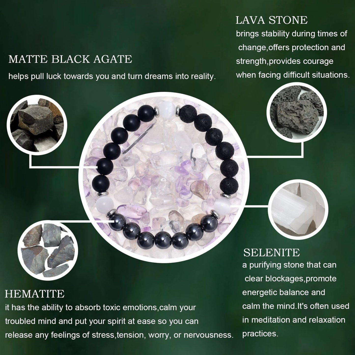 Ayriwoyi Protection Bracelet Black Onyx Agate Bracelet Healing Crystal Stone Beaded Bracelet Selenite Hematite Anxiety Bracelet for women Stretch Bracelets