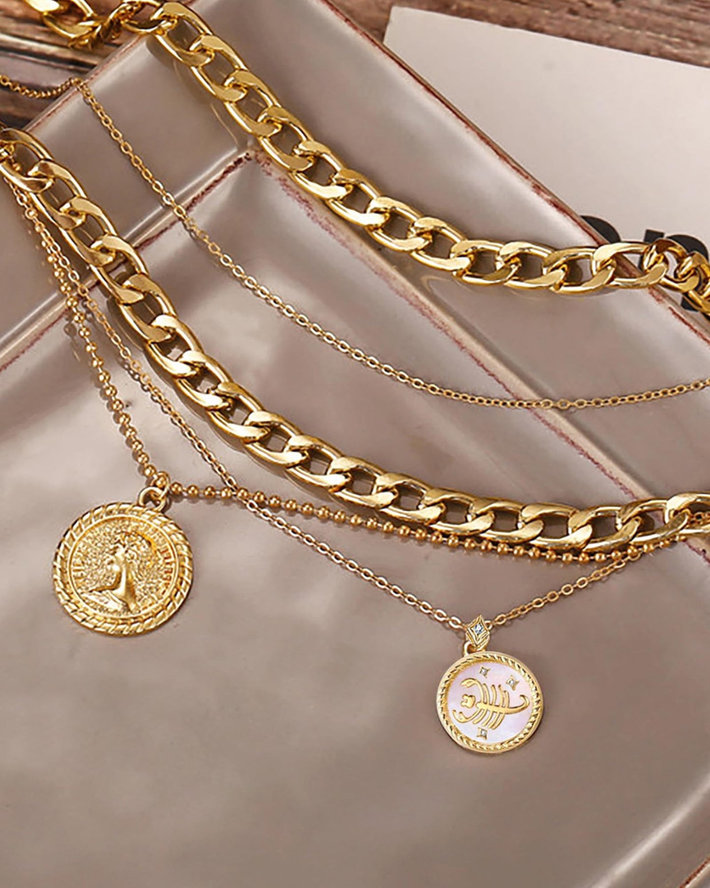 MJartoria Gold Layered Necklaces for Women Trendy Retro Coin Pendant Necklace Dainty Chunky Chain Choker Necklaces for Jewelry Birthday Gifts (Gold, Zodiac-Scorpio-3PCS Layered)