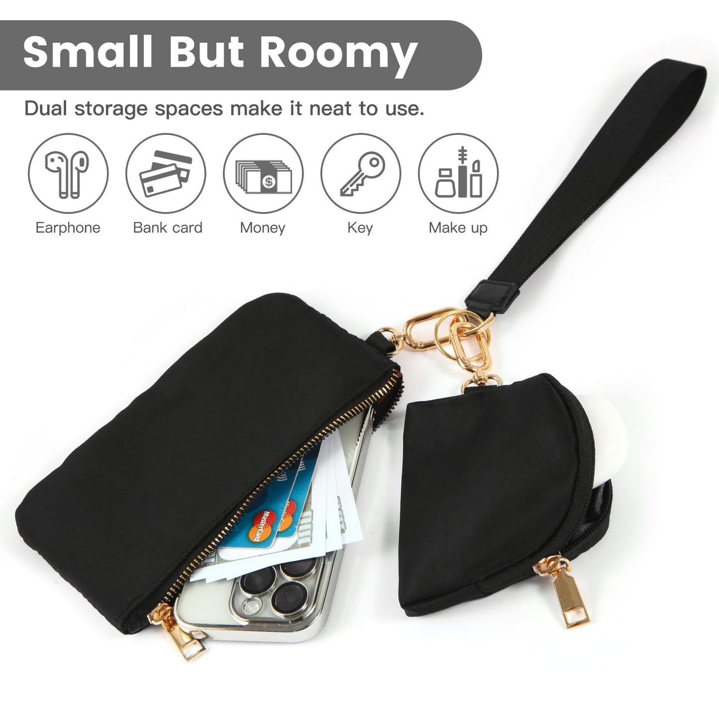 Mini Zip Around Wristlet Keychain Wallet for Women Detachable Dual Pouch Wristlet Portable Phone Coin Purse Coin Pocket (Black+Gold)