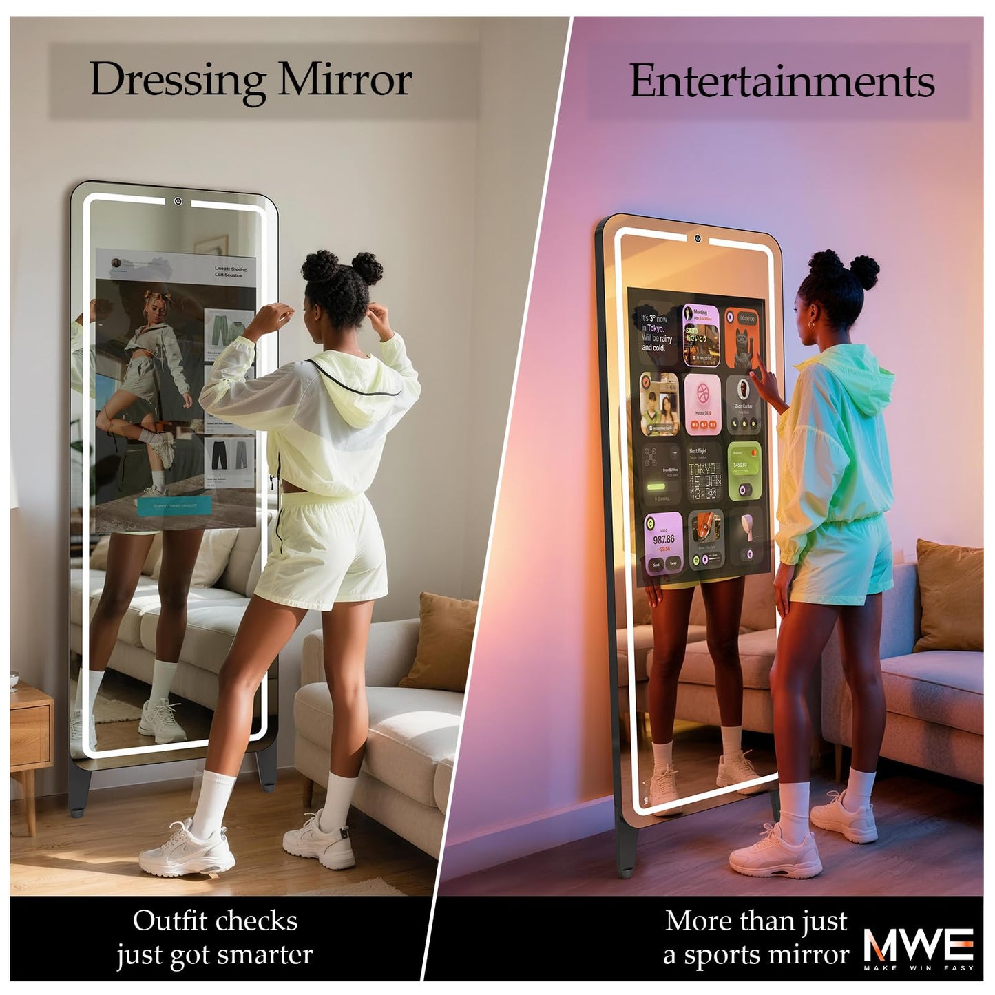 Smart Gym Mirror for Home Workout | 32" HD Touch-Screen Andriod OS | 63" Reflective Surface | No VIP Fees Support Various APPs, Voice Control, Music Sync LED Light Strip, for Home Gym/ Yoga/ Dance