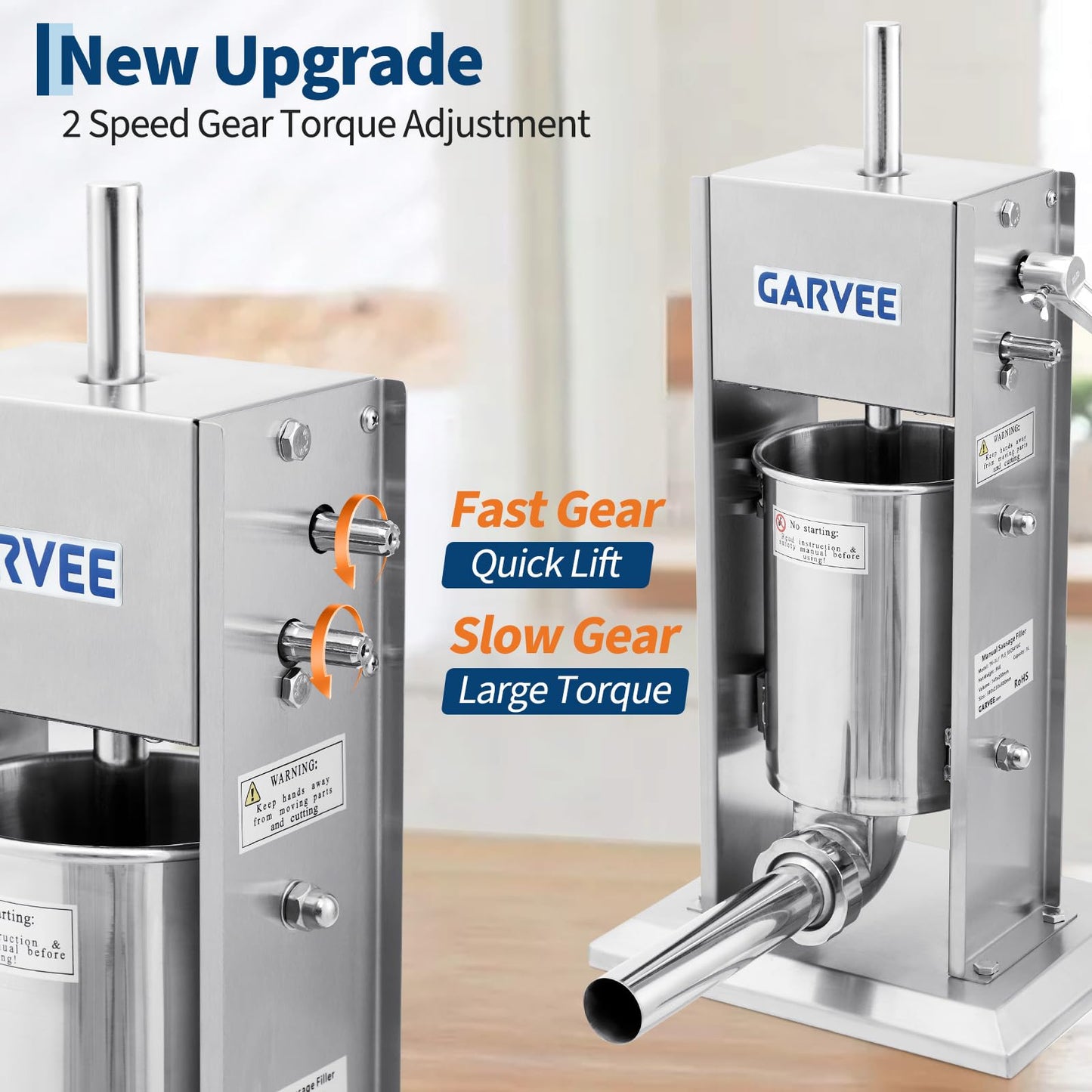 Garvee 7LB/3L Sausage Stuffer - 304 Stainless Steel Manual Sausage Maker with 2-Speed Gear & Torque Adjustment - Includes 5 Filling Tubes & Cleaning Kit for Home and Commercial Use