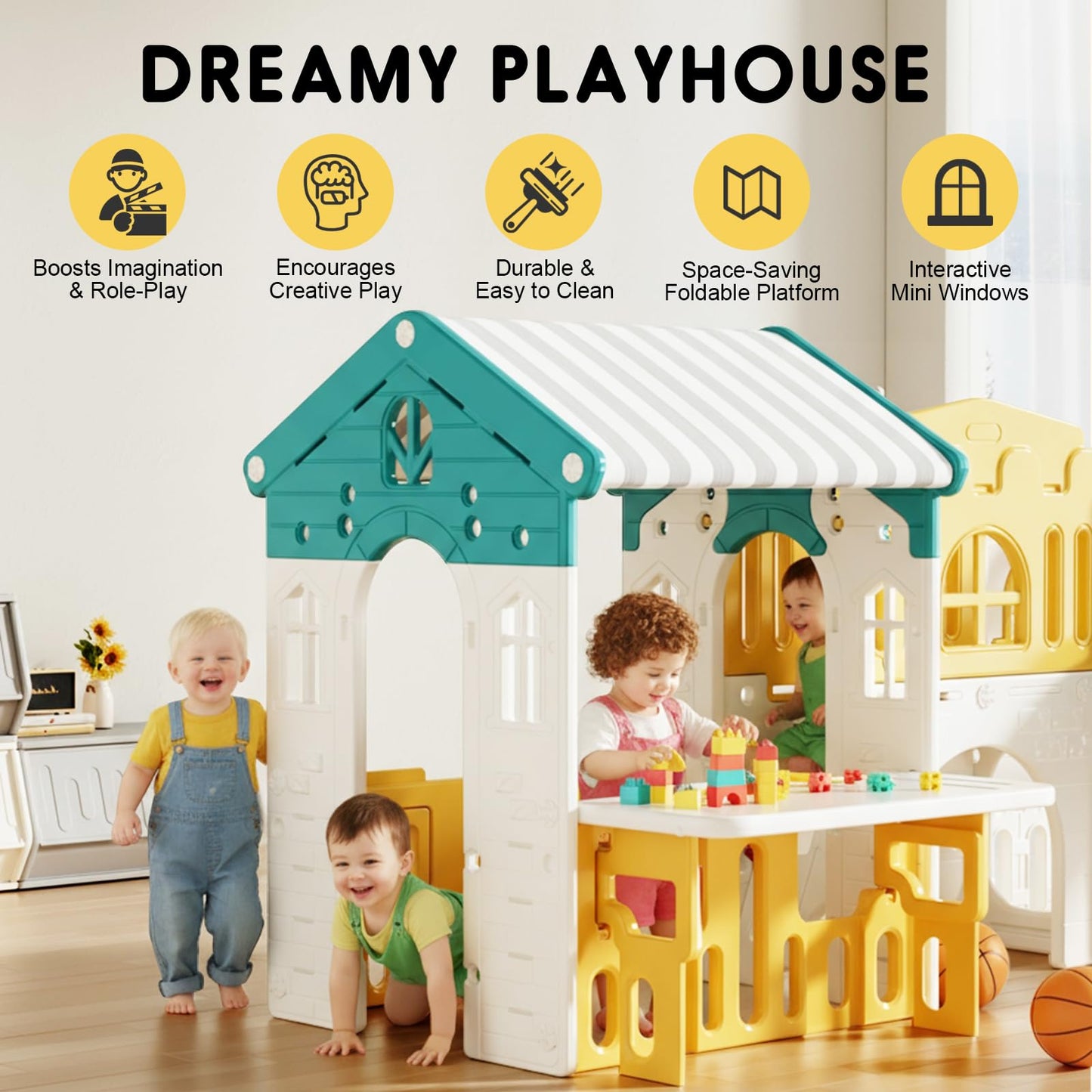 Playground Playsets Outdoor Playhouse 10 in 1 Toddler Slide with Rock Climber with Basketball, Hoop, Storage, playroom Upgraded