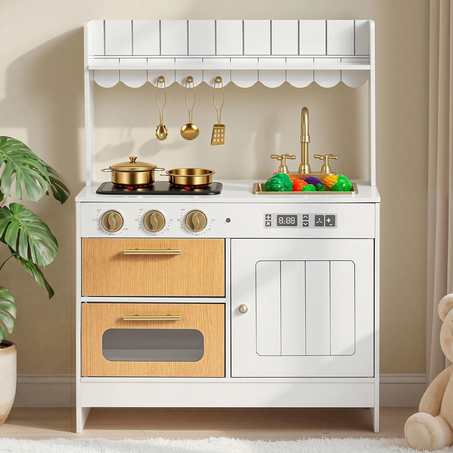 VEVOR Play Kitchen for Kids, Wooden Kids Kitchen Playset with Real Lights & Sounds, Food & Cookware Accessories, Pretend Play Toy Set, Sink, Oven, Stove, Cabinet, for Toddlers, Girls & Boys Ages 3-8