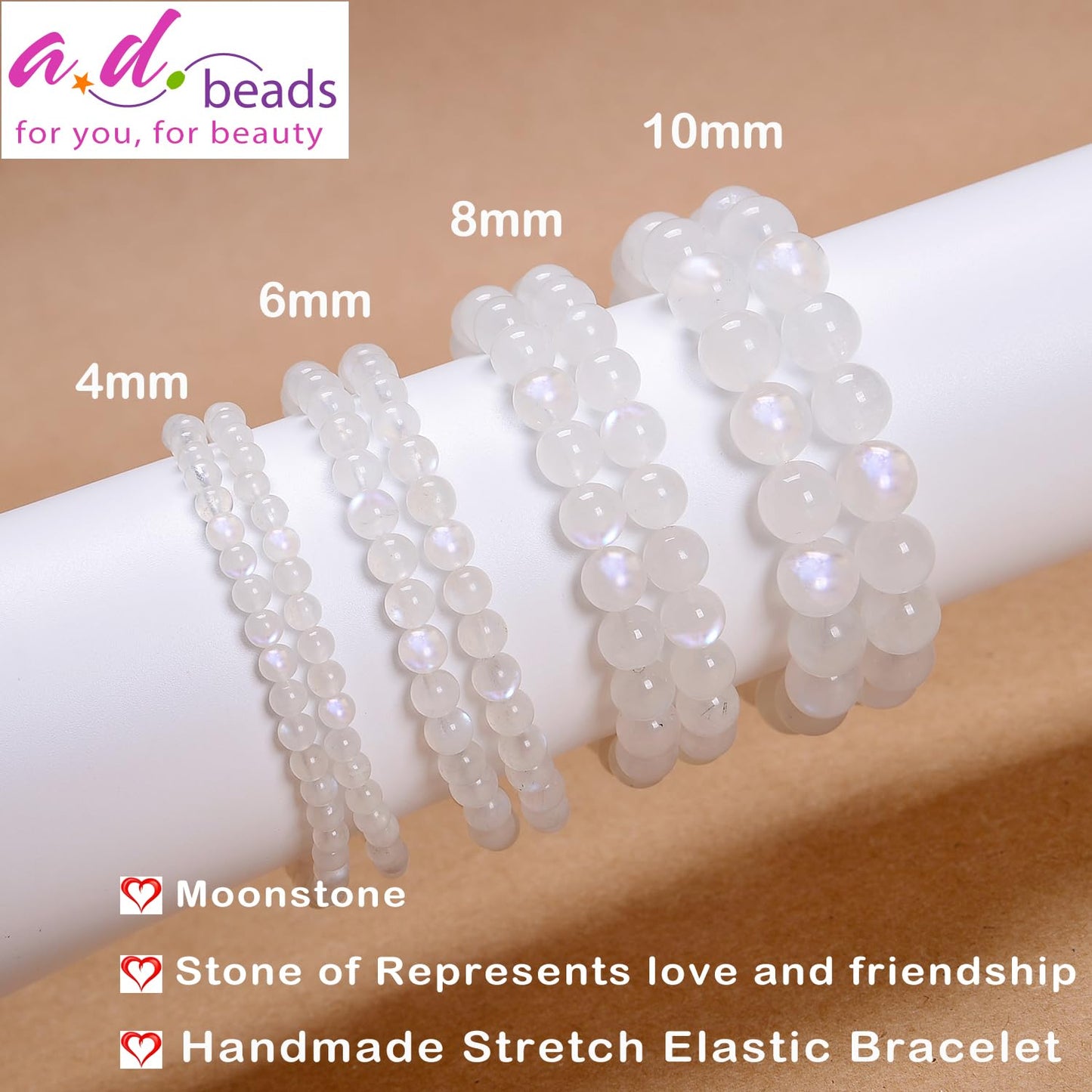 AD Beads Handmade Gemstone Stretch Elastic Bracelet Crystal Healing Reiki Nature's Beauty and Spiritual Essence Unisex (6mm, Moonstone (Love and Friendship))
