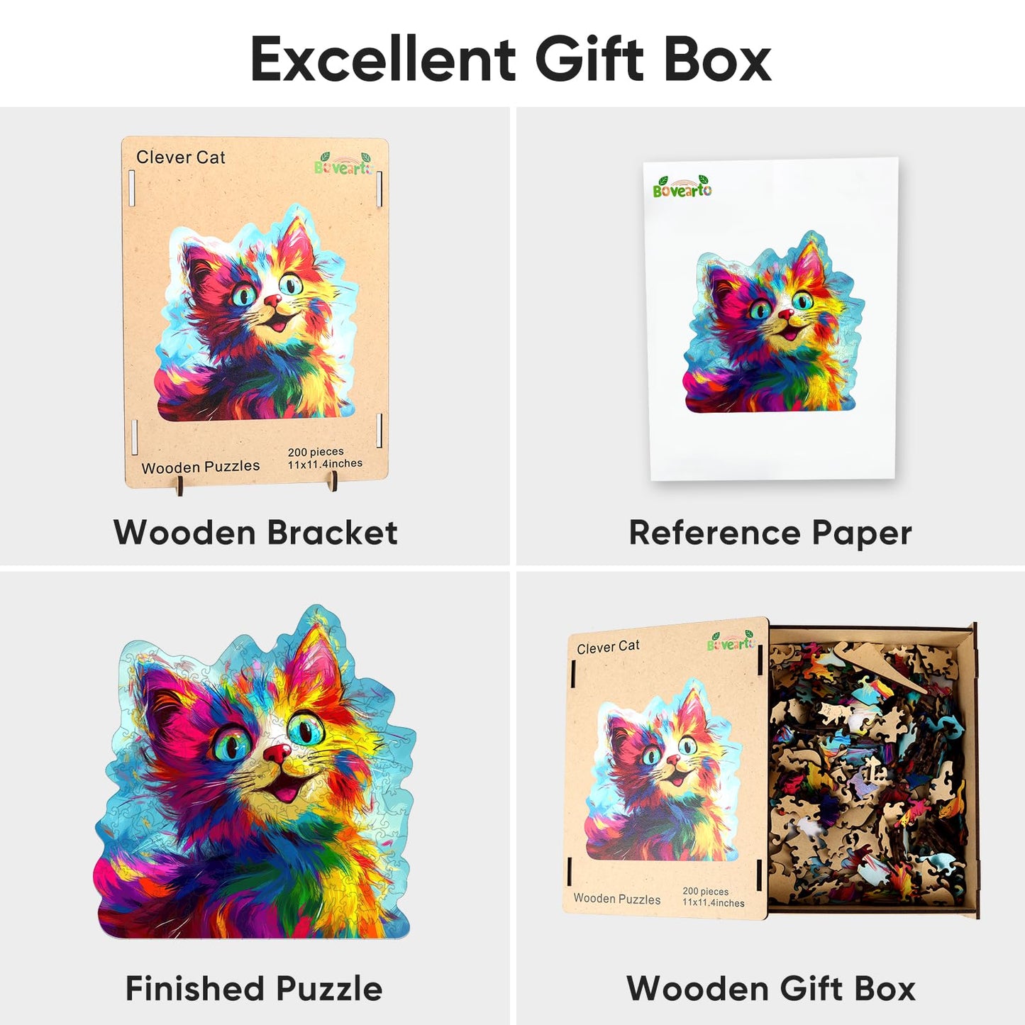 Bovearto 200 Piece Wooden Jigsaw Puzzles for Adults, Cat Puzzles with Unique Animal Shapes, Brain Teaser for Kids Ages 8+, Comes with Storage Box & Puzzle Gift Box, Bold Color Art (11" x 11.4")