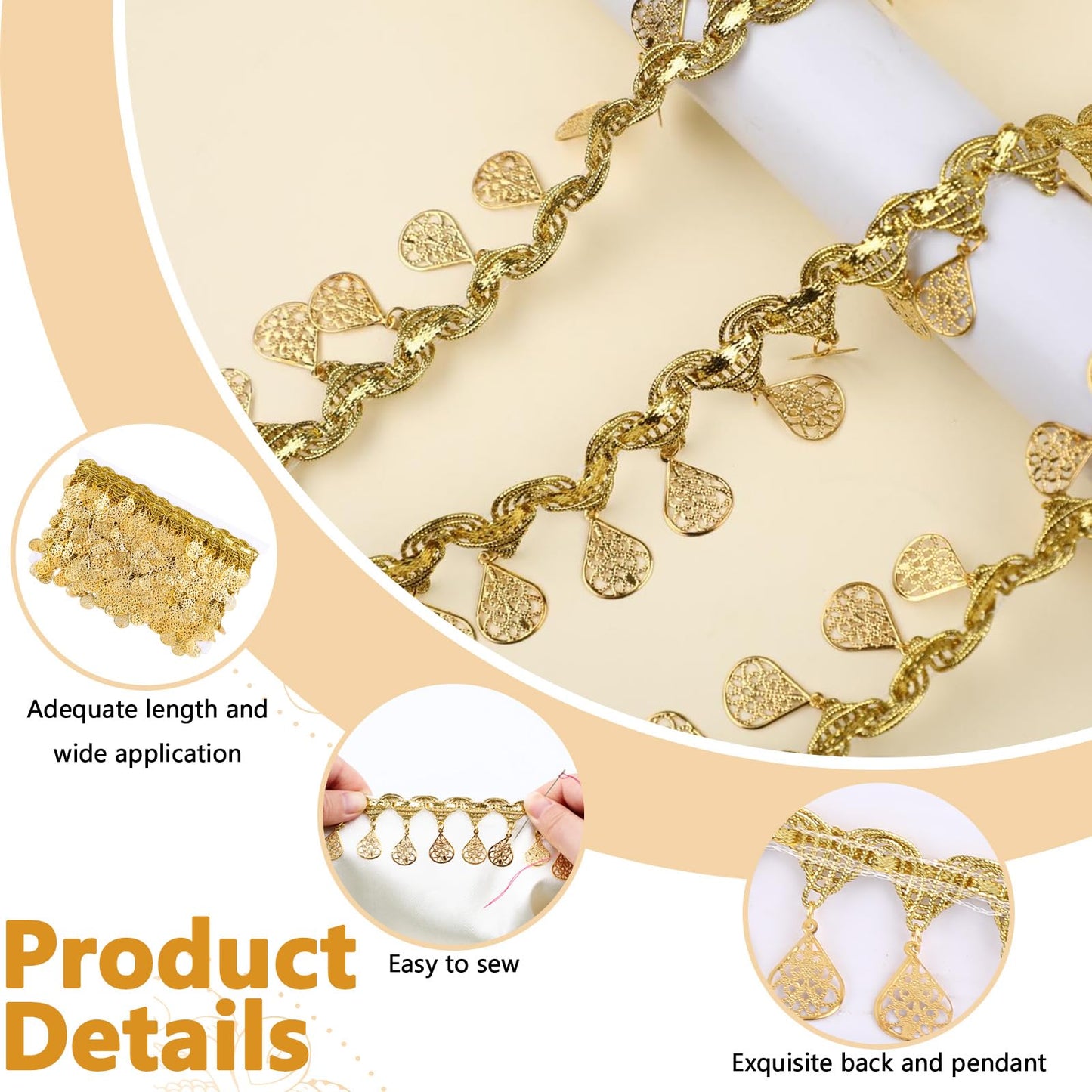 10 Yards Gold Water Droplet Shape Sequin Tassel Trim, 1.57 Inch Width Sequins Lace Tassel Fringe Trim, Sequins Lace Ribbon Fringe for Dance Dress Belt Costume Handbags Decorations Party Accessories