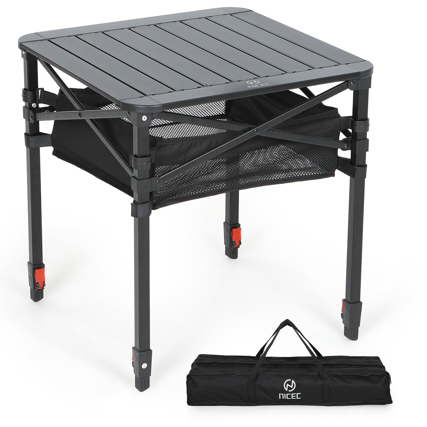 Nice C Aluminum Square Table, Adjustable Height Folding Camping Table, Lightweight Collapsible Table with Roll-up Tabletop, Carry Bag, for Outdoor, Camping, Picnic, backyards, BBQ (20'' Medium)
