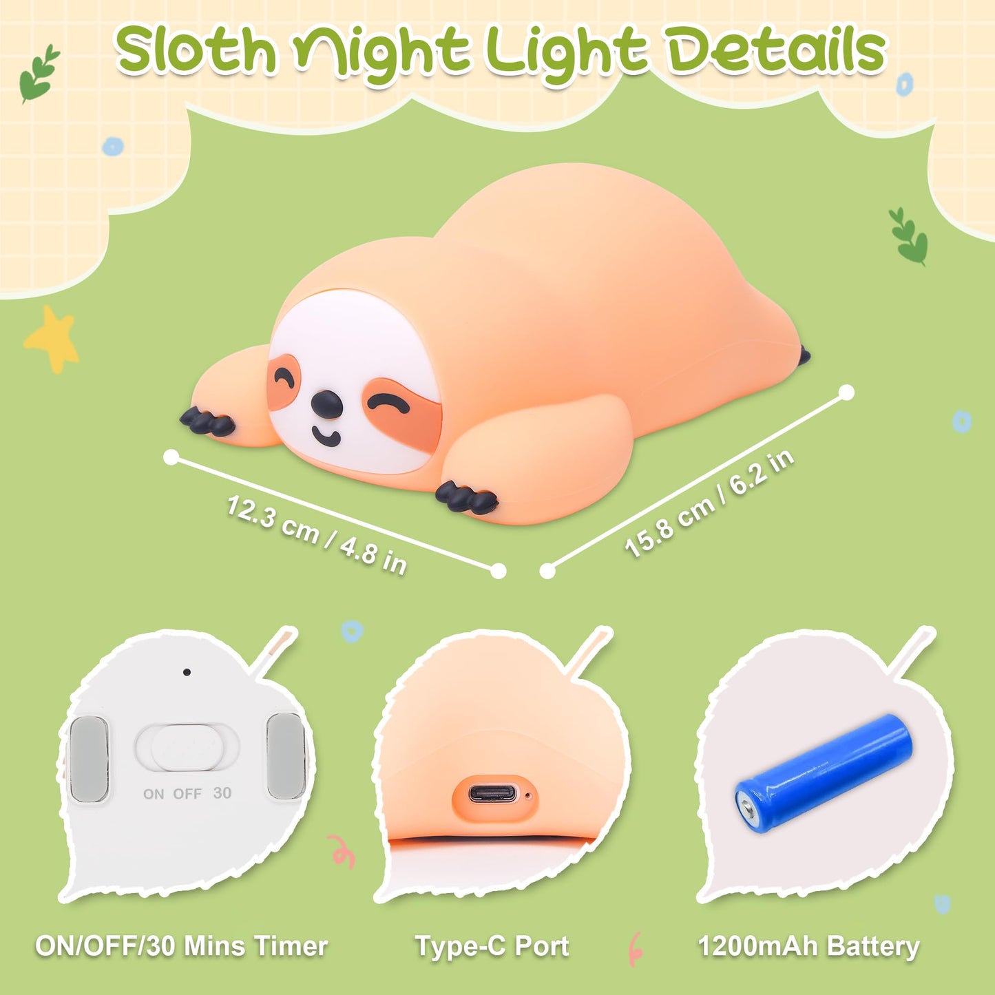 Okayera Sloth Night Light, Cute Squishy Lamp for Bedroom, Silicone Animal Dimmable & Timer Rechargeable Nightlight for Girls Boys Kids, Home Decor Christmas Birthday White Elephant Gifts