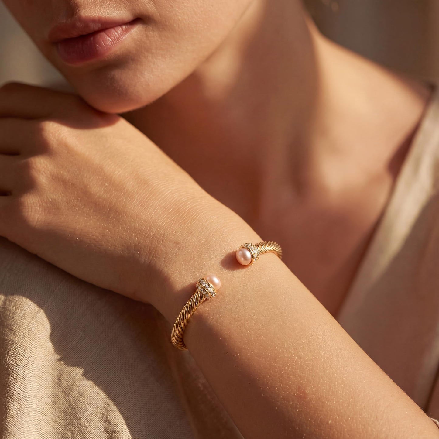 Fettero Gold Cuff Bangle Bracelets for Women - 14K Gold Plated Adjustable Open Cuff Friendship Bracelets Twisted Cable Bangle Bracelet Lightweight Pink Pearl Bracelet for Dainty Jewelry