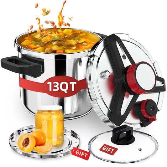 3-In-1 304 Stainless Steel Pressure Cooker 13 Quart: [Explosion-Proof] [3 PSI Settings], One-Hand Locking Pressure Canner, Induction Compatible, Glass Lid & Steamer Rack Included, Olla de Presion