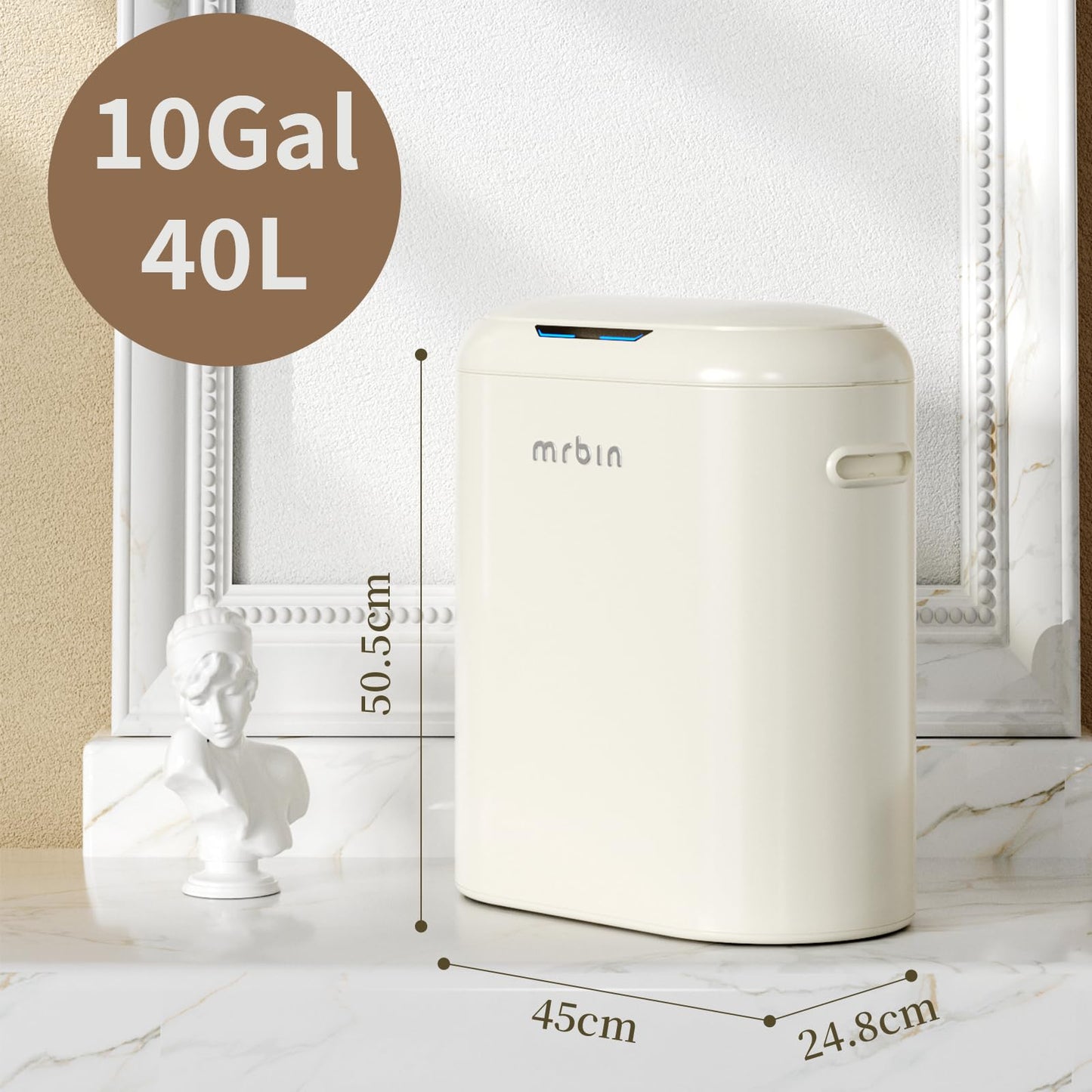 MRBIN Metal Kitchen Motion Sensor Trash Can with Lid, 10.5 Gallon Slim Automatic Waste Basket Touchless, Medium Commercial Covered Garbage Pail for Narrow Office, Bathroom, Dorm, Cream White