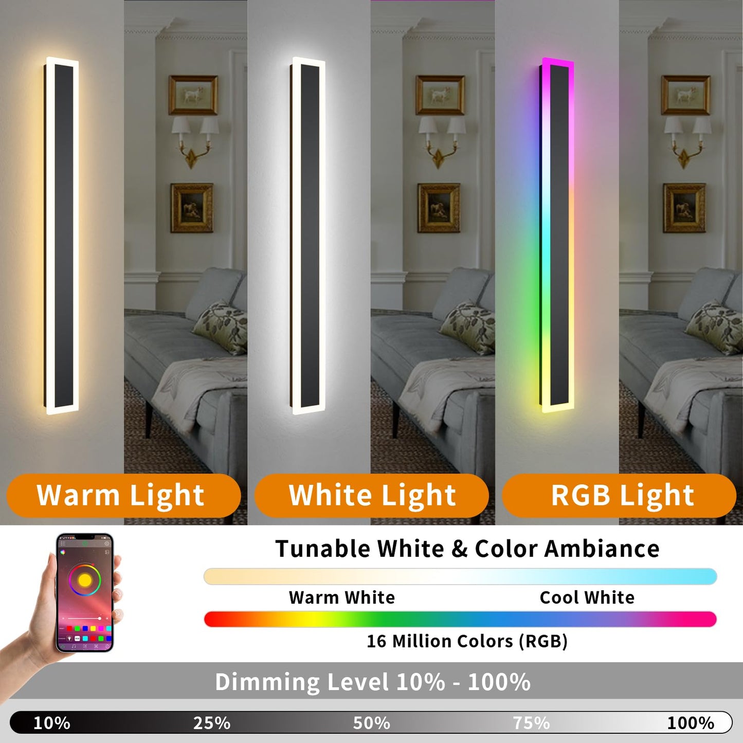 Zihoi 2 Pack Outdoor RGB Long Wall Lights, 23.6inch Wall Lights RGB/Warm/White Dimmable Modern Led Wall Lighting, Ip65 Waterproof Wall Sconce with Remote APP Control for Outdoor/Indoor Party Gathering