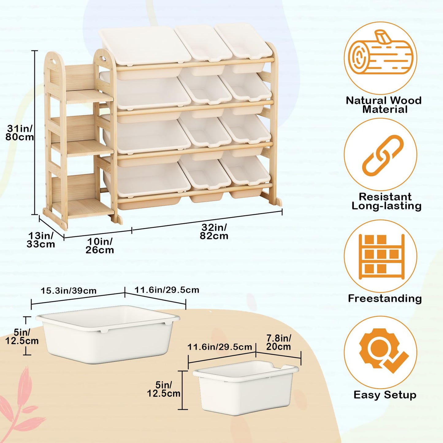 Toy Storage Organizer, Wooden Toy Organizers and Storage with Bookshelf, Toy Storage Shelf with 3 Shelves and 12 Storage Bins, Kids Bookshelf for Playroom, Nursery, Bedroom, Bookcase for Kids, White