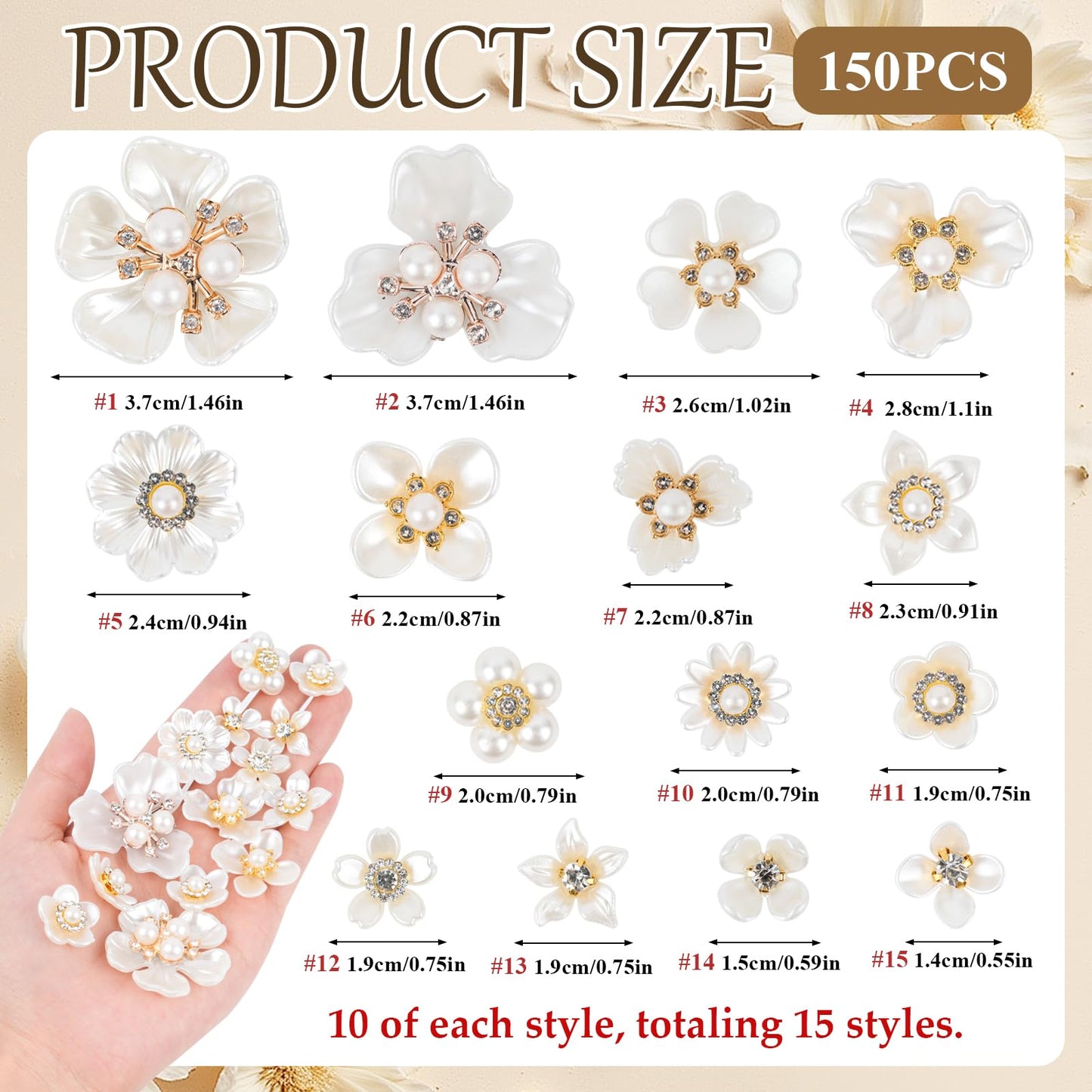 Lainballow 150 Pcs Pearl Rhinestone Buttons, Faux Pearl Embellishments Buttons, Flat Back Flower Button for Crafts, Pearl Brooch Floral Charms for Jewelry Making Wedding Hair Bouquet DIY Craft Clothes