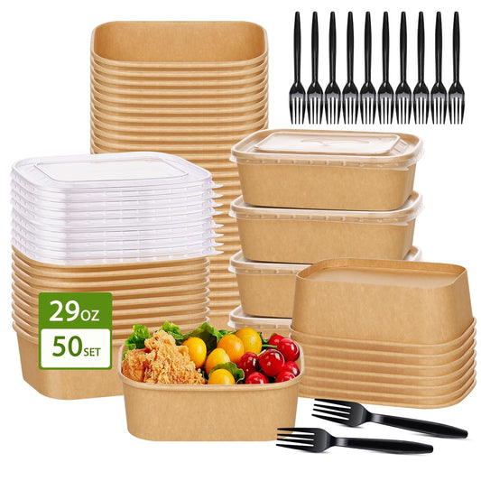 50-Pack 29oz Disposable Kraft Paper Bowls【with Lids and Forks】,Meal Prep Containers Disposable Togo Food Deli Containers for Restaurant Supplies Take Out Containers, Microwave Safe for Hot/Cold Food