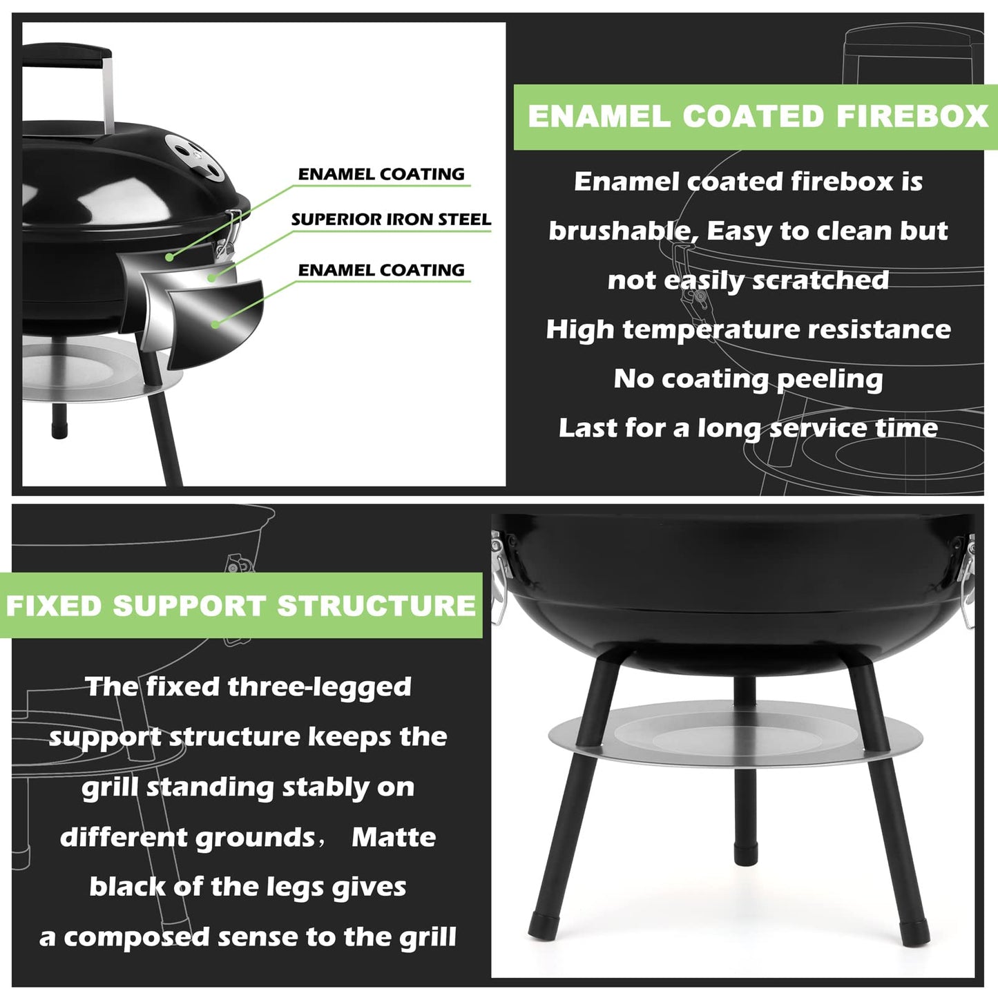 14 inch Charcoal Grill, Joyfair Small Portable BBQ Grill with Locking Lid for Outdoor Camping/Patio/Backyard Barbecue/Tabletop Cooking, Enamel Coated & Dual Vent System (Black)