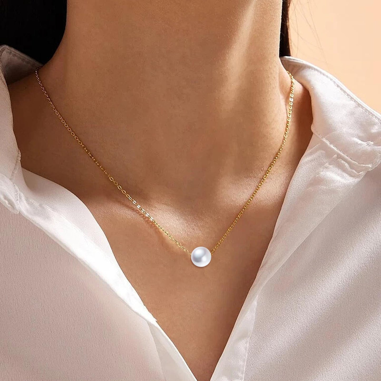 POPLYKE 14K Solid Gold Pearl Necklace Single Pearl Choker Necklace for Women 7-8mm Freshwater Cultured Pearls Jewelry Gifts for Wedding Bridesmaids Anniversary 16'' Chian