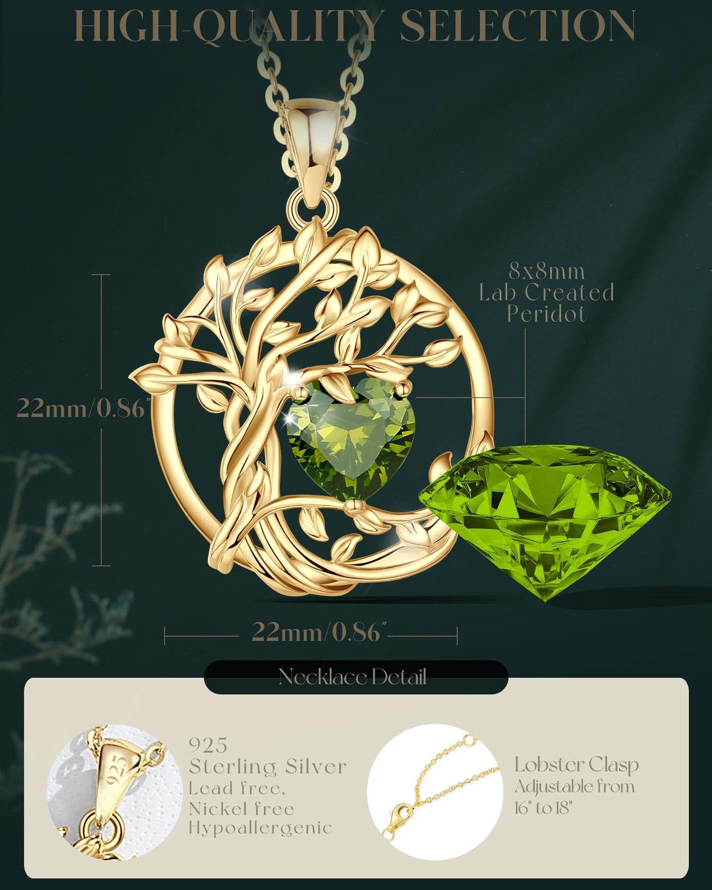 FANCIME Tree of life August Birthstone necklace for women Sterling Silver Yellow Gold Plated Tree Jewelry Peridot Pendant Green Gemstone Birthday Mothers Day Gifts for Wife Mom Her