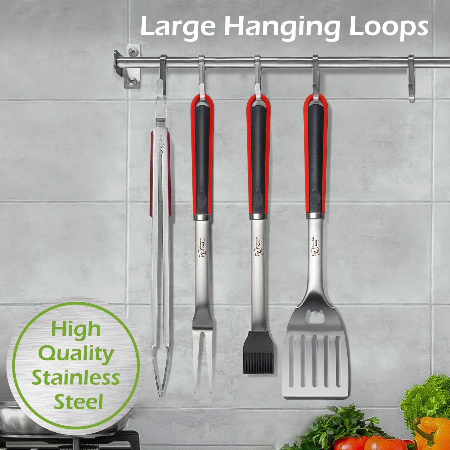 Double Two 4-Piece Stainless Steel BBQ Tool Set - Tong, Fork, Spatula, Brush - Utensils for Grill - Tools for Outdoor Grilling- BBQ Kits