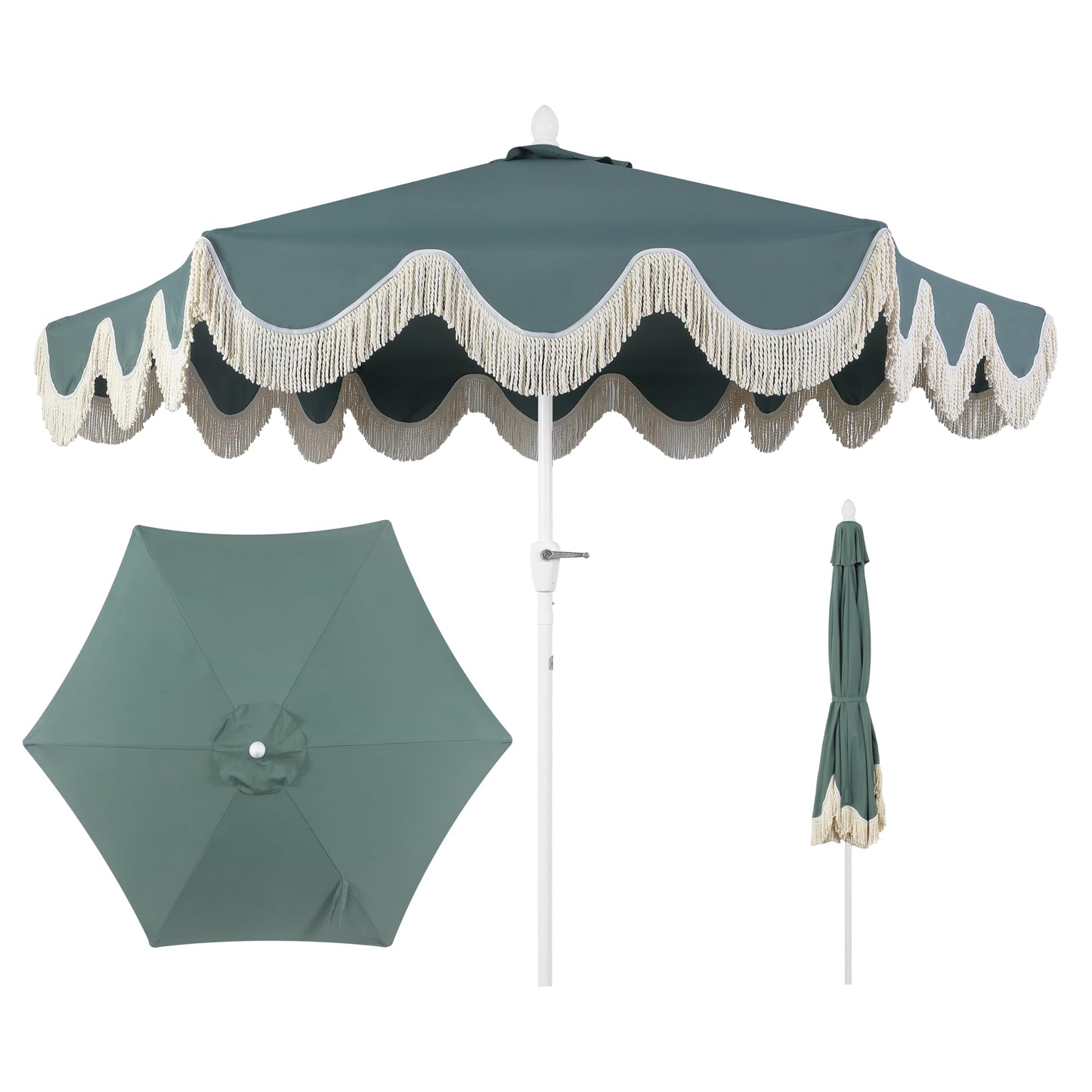JONATHAN Y UMB1001K Collins 9 ft. Classic Cottage Fringe Tassel Market Patio Umbrella with Auto-Tilt Crank, Wind Vent and UV Protection in Green/Cream, White Pole