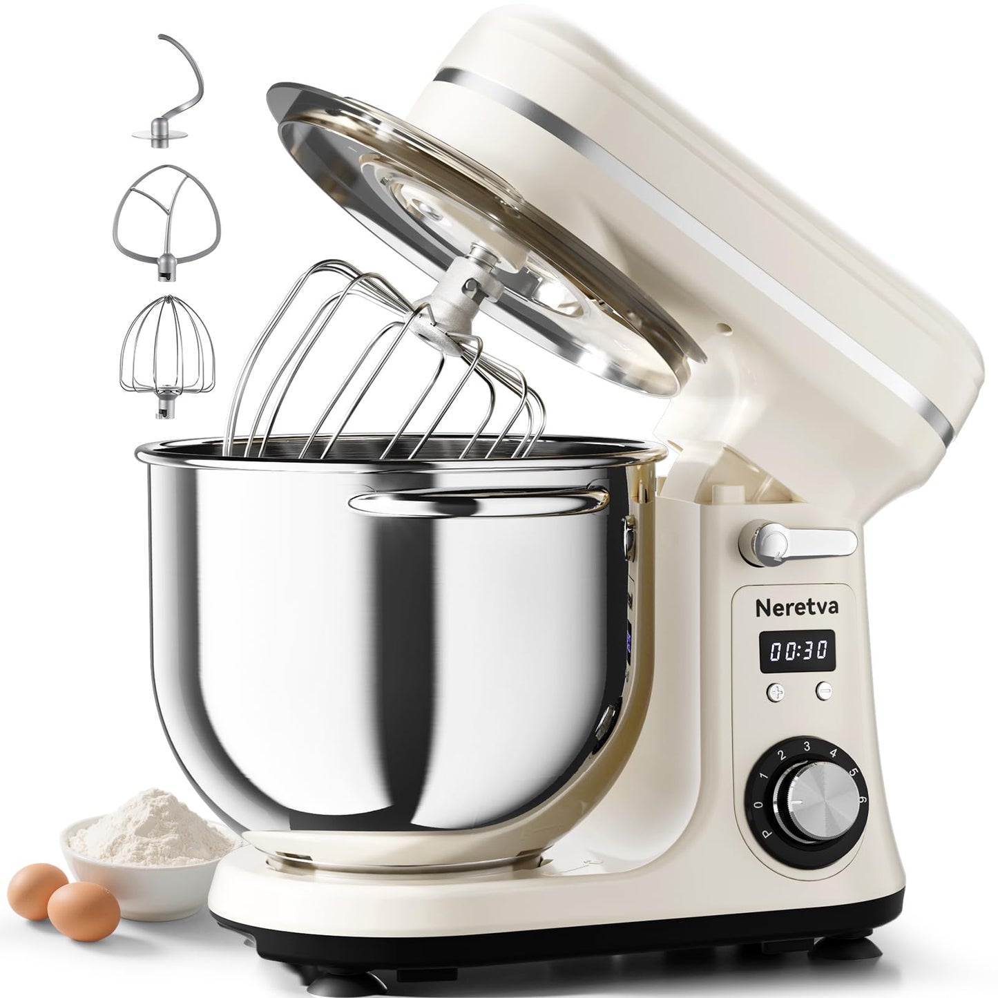 Neretva Stand Mixer, 6.34QT & 6 Speed Professional Mixers Kitchen Electric Stand Mixer Super Stable & Lower Noise Household Stand Mixer with Stainless Steel Bowl, Whisk, Flat Beater, Dough Hook -Beige