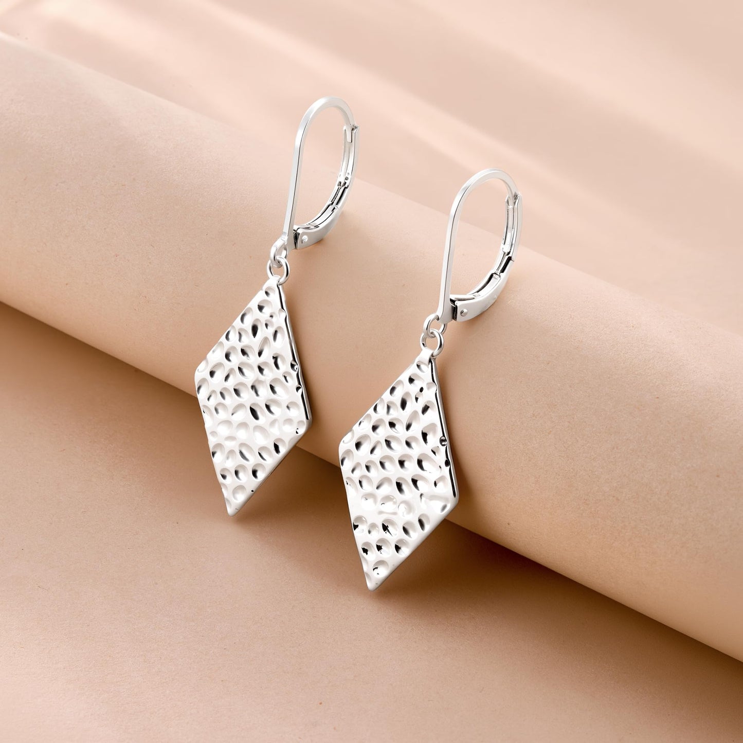 ALEXCRAFT Sterling Silver Rhombus Hammered Dangle Earrings for Women - Hypoallergenic Silver Drop Dangle Leverback Earrings Geometry Hammered Drop Earings for Women Jewelry Gifts