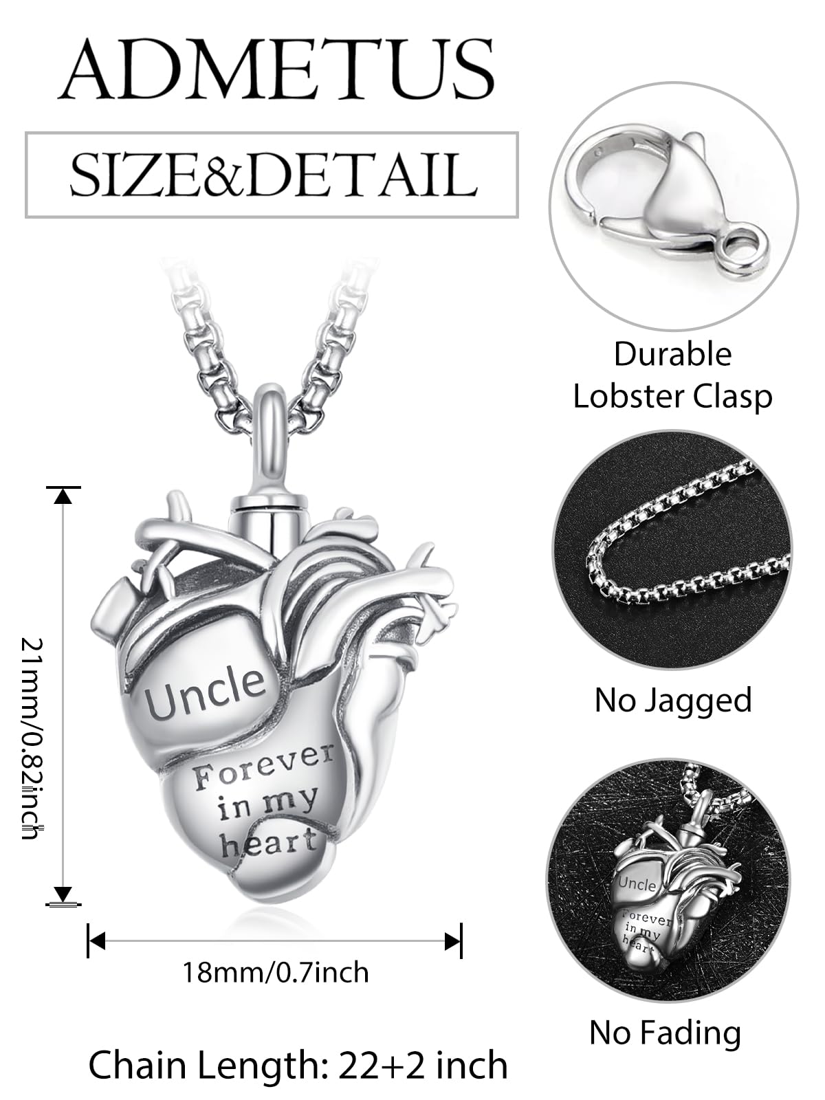 Anatomical Heart Urn Necklaces for Ashes Sterling Silver Ash Pendants Cremation Jewelry Uncle Keepsake Pendant Memorial Jewelry Gifts for Loss of Uncle
