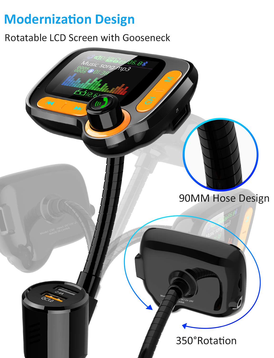 TSNAM Bluetooth FM Transmitter Car Adapter,Support Wireless Handsfree Call and MP3 Music/APP Audio Play,1.8" Color Screen,3 USB Charger,3.5mm AUX Port,Compatible with iPhone,iPad,Samsung and More