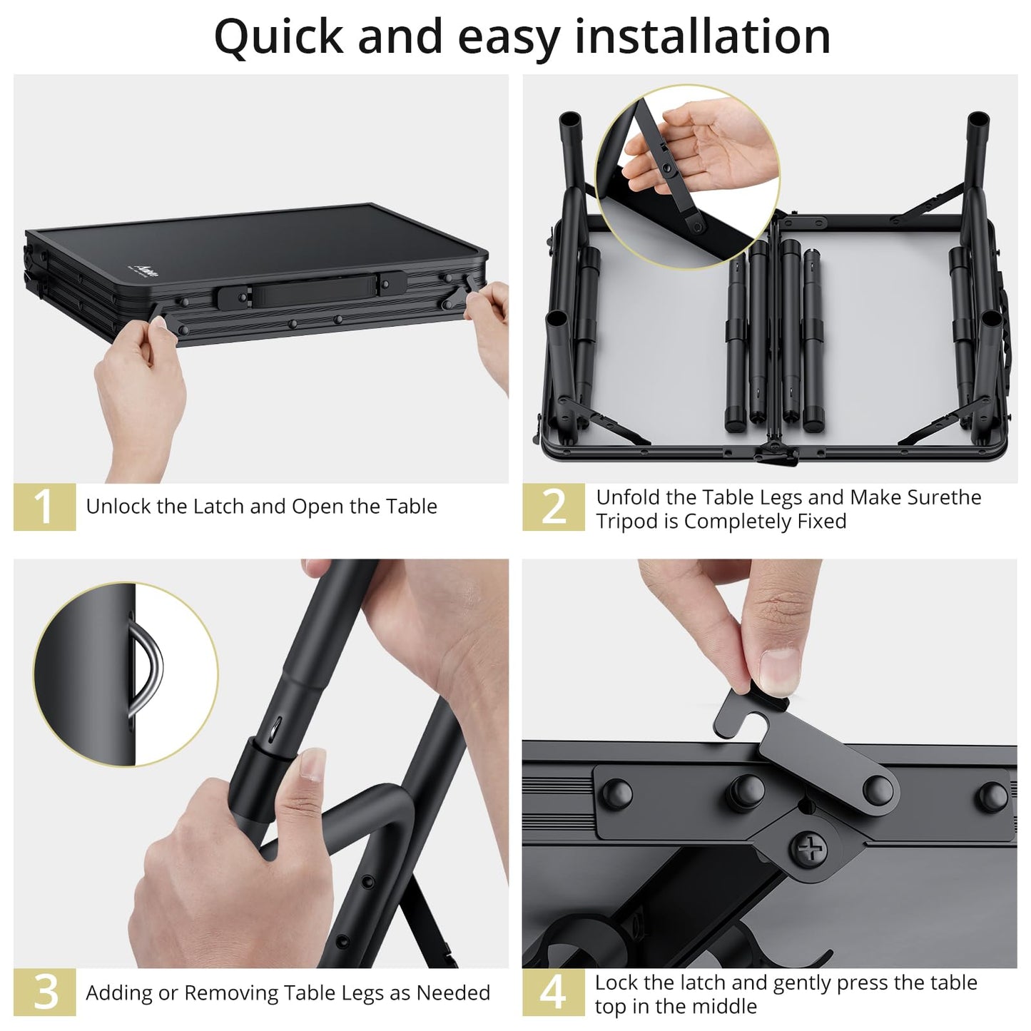 Anbte Folding Camping Table with Storage Net, Pure Black Aluminum 2ft Picnic Table 23.2" x 16" Outdoor Table Adjustable Height Max 27.5", Lightweight, Waterproof, Portable Handle for Travel Cooking