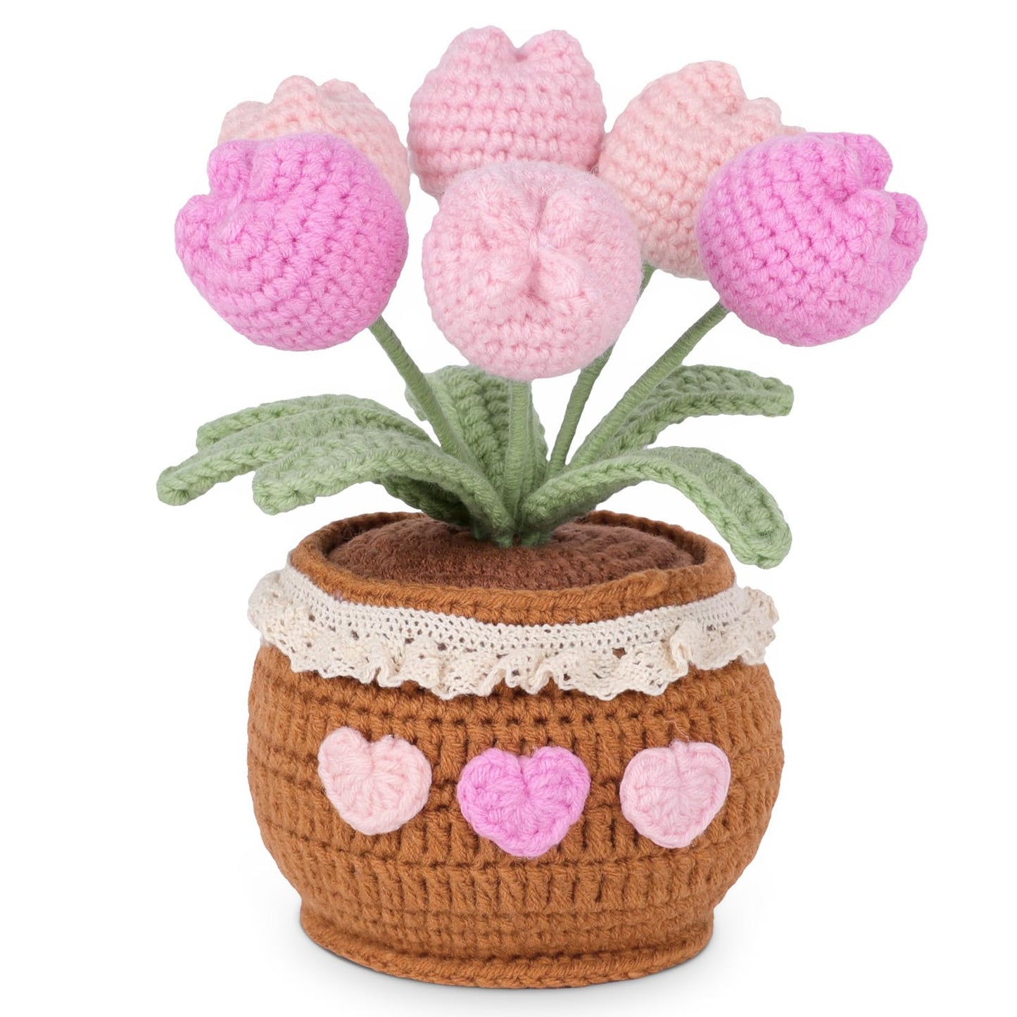 Lovmeety Handmade Potted Crochet Tulip Bouquet, Blush Pink Crocheted Tulips Hand Woven Flowers Knitted Flowers in Exquisite Pot Gift for Women Friends Kids for Home Desk Decor