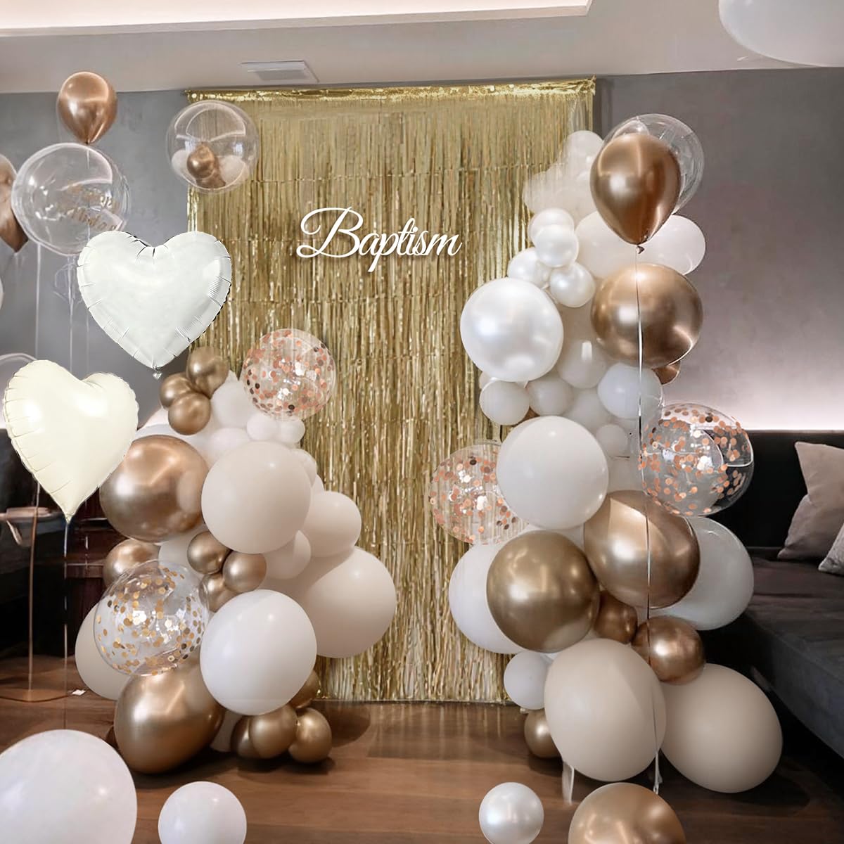 White and Champagne Gold Balloons Garland Arch Kit with Rose Gold Fringe Curtain for Woman Girl Princess Engagement Bridal Shower Wedding Baby Shower Boho Birthday Party Decorations