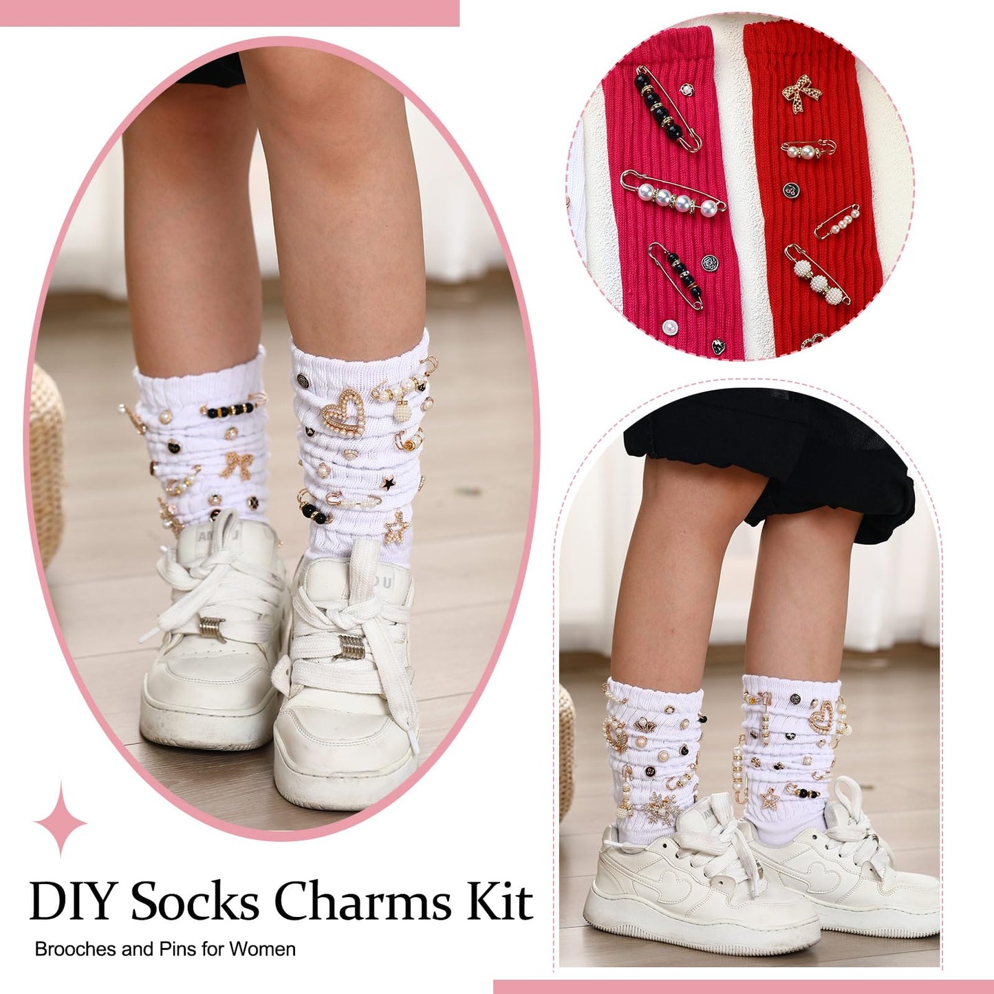 Cutecrop 41 Pcs Sock Charms Kit with 4 Pairs Slouch Socks for Women, Jewelry Charms Pins Brooches for Women, Pearl and Rhinestone with Safety Pins, DIY Accessories for Decorating Shoe Sneakers