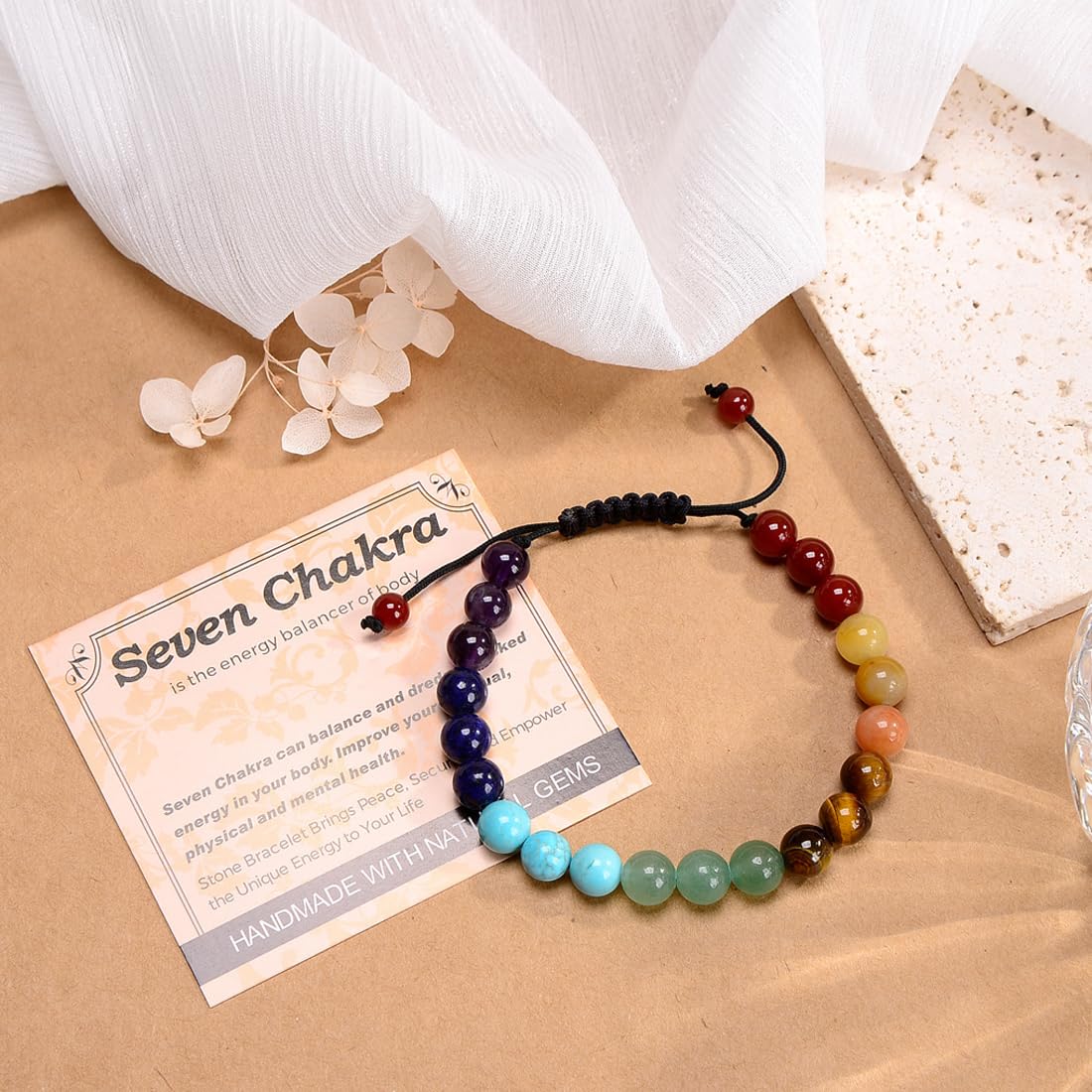 MASSIVE BEADS Seven Chakra Stones - Stone of Balance Energy - Handmade Yoga Adjustable Macrame Bracelet Natural Stone Crystal Healing Power Energy Gifts for Unisex Adult 8mm
