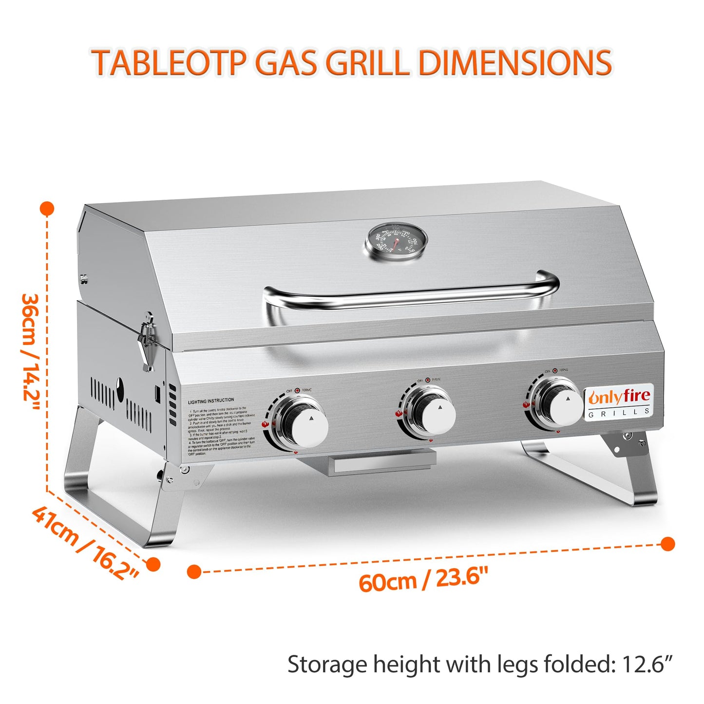 Tabletop Gas Grill 3 Burners, Portable Propane BBQ Grill with Foldable Legs & 22" Stainless Steel Grate for Outdoor Patio Backyard Barbecue, Camping Tailgating RV, 24000BTU High Output, Classic GS307
