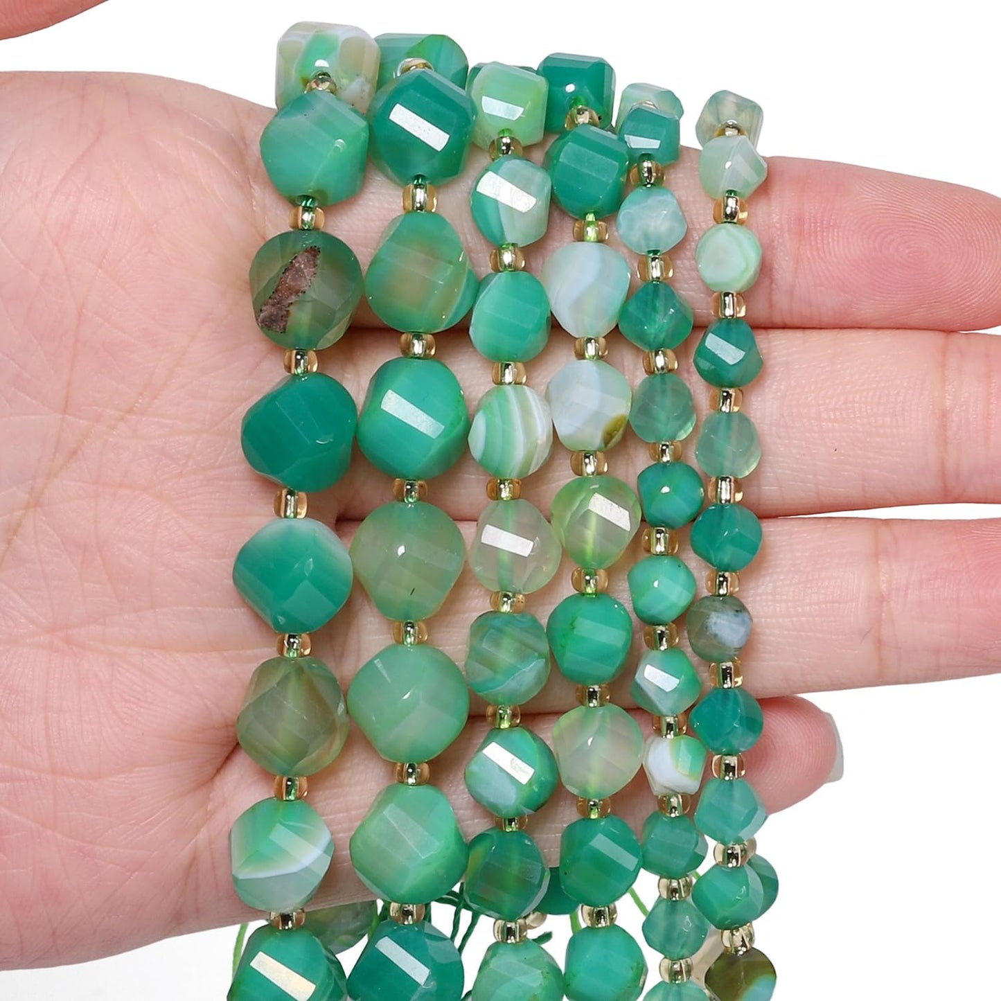 Yochus 42pcs Natural Green Striped Agate Stone Beads for Bracelet，2strands 6mm Facted Twist Loose Gemstone Beads for Jewelry Making DIY Craft Necklace Earring