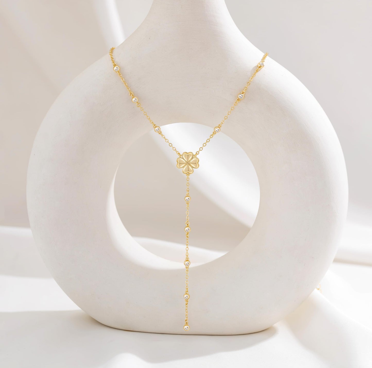 CHESKY Lariat Gold Necklace for Women, Dainty Long Necklace 14k Gold Plated Y-Shaped Pendant Necklace Trendy CZ Beaded Chain Four Leaf Drop Necklaces Gold Jewelry for Women Gifts