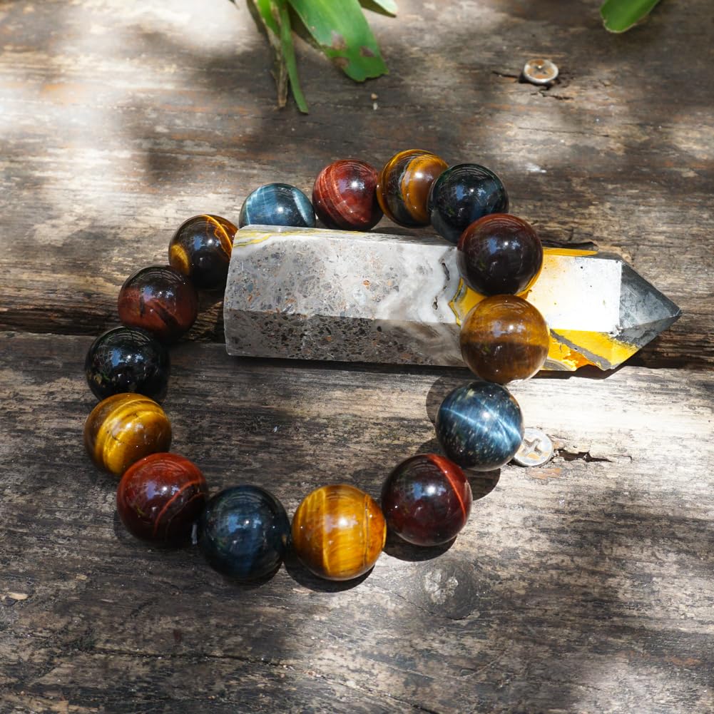 TaHLga Mixed Tigers Eye Mens Bracelet 16MM | Mixed Red Gold Blue | Fits for About 8" XLarge Wrist | Natural Solar Plexus Chakra Gemstones | Bring Luck Wealth Courage | Protection from Evil | Gift
