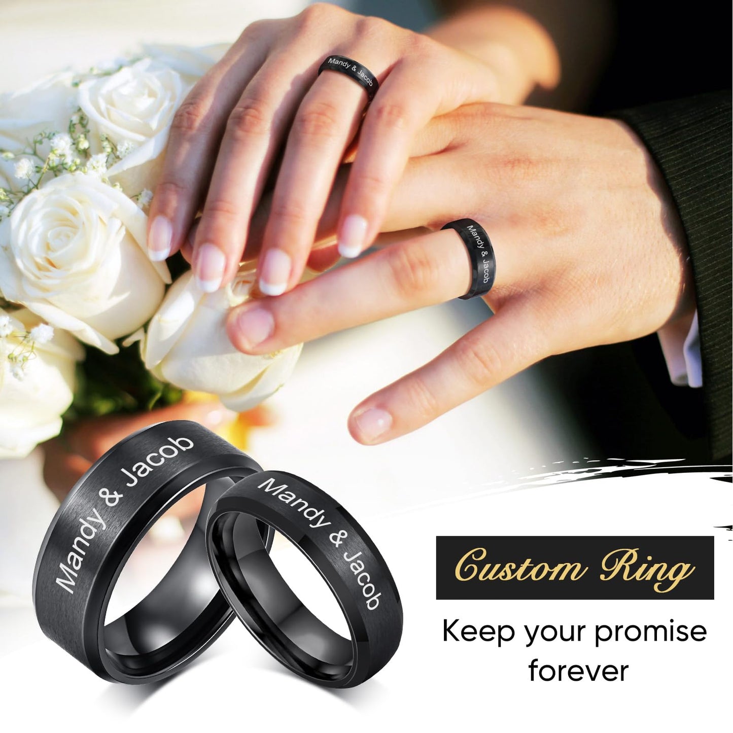 VNOX Customize Jewelry-6MM Black Stainless Steel Beveled Edge Matte Brushed Finish Rings for Men Women,Size 7