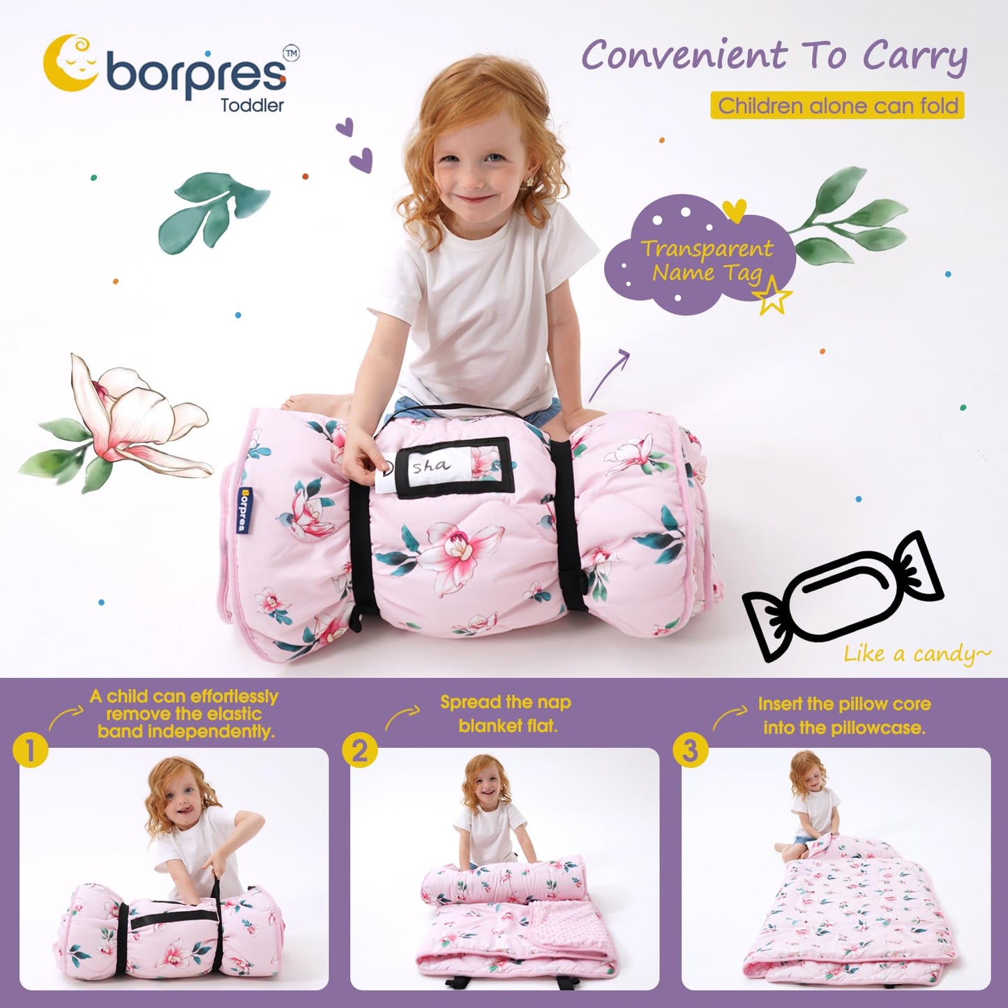 Nap Mat with Pillow Blanket Set: Pink Floral Sleeping Mats for Toddler Kids - Thick Large Roll up Slumber Bag for Daycare Preschool Kindergarten Boys Girls