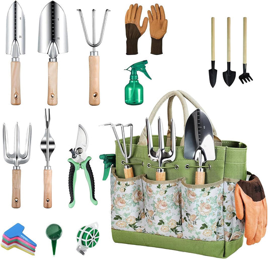 Gardening Tools 12-Piece, Durable Heavy Duty Garden Tool Set Stainless Steel, Garden Hand Tools with Tote Bag, Non Slip Handles, Gardening Ideal Gifts for Women and Men