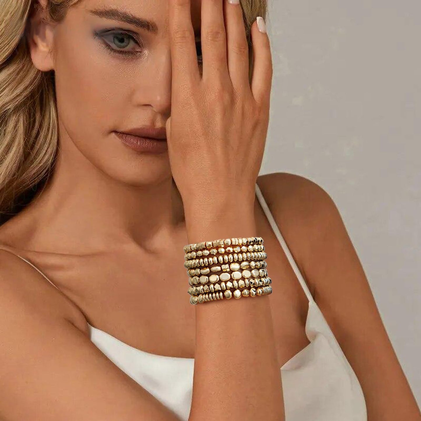Sajidos Gold Plated Beaded Bracelets for Women Trendy, 14K Gold Plated Stack Cross Pearl Gold Plated Bead Stretch Bracelets Set Elastic Hypoallergenic Bracelets Jewelry Gifts