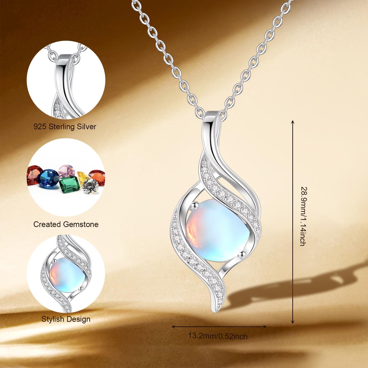 FANCIME June Birthstone Necklace for Women Round Moonstone Necklace S925 Sterling Silver full Love Birthday Gifts for Mom Women, 16"+2" Inches