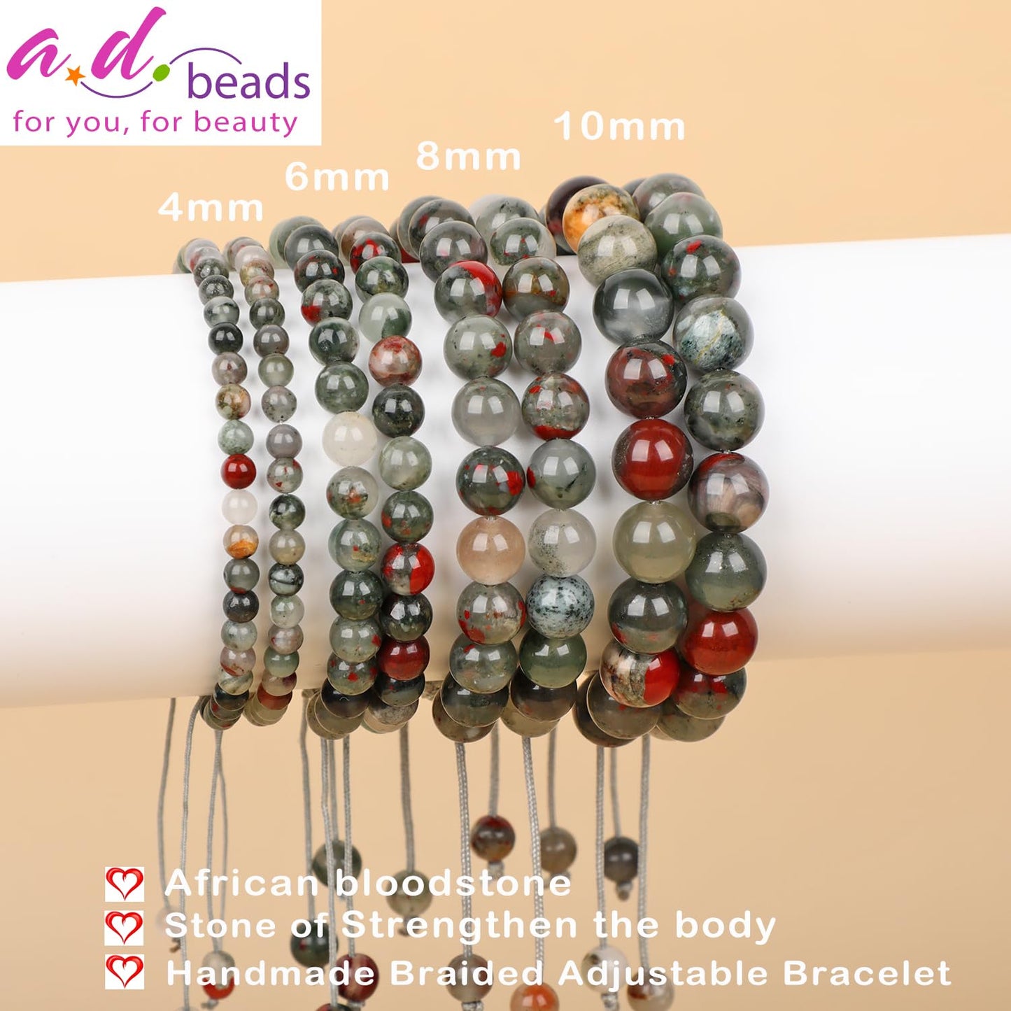 AD Beads 4mm African bloodstone - Strengthen the body - Handmade Natural Stone Crystal Bracelet with Adjustable Macrame String - Yoga Healing Power Energy Gifts for Men and Women