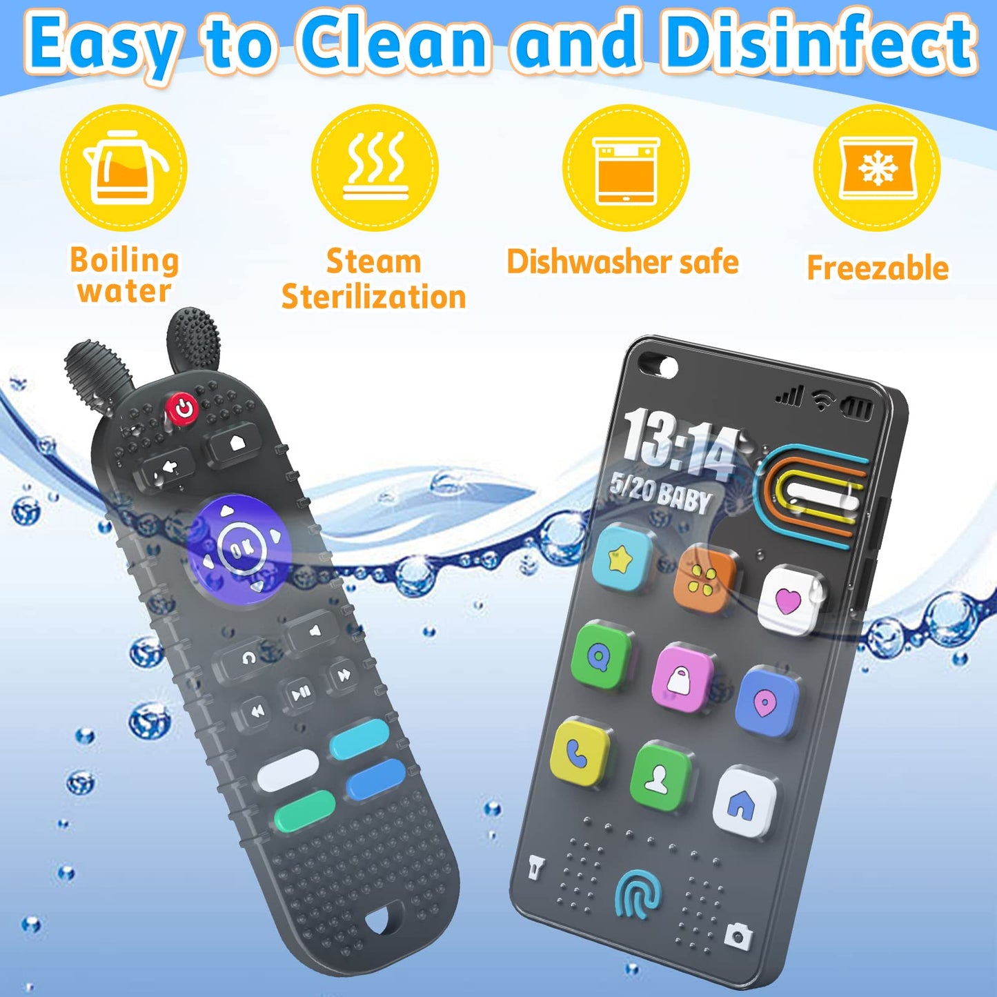 Kaodezhu TV Remote Control Shape Baby Teething Toys and Phone Shape Teether Toys for Babies 6-12 Months, Soft Flexible Silicone Chew Toys for Baby - Black