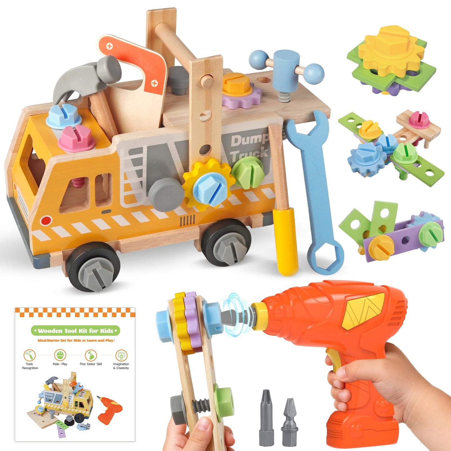 Rincalivestra Kids Tool Set - 40 Pcs Wooden Toddler Tool Bench with Drill, Montessori Construction STEM Pretend Play Toy for 3 4 5 Year Old, Tool Box Truck Birthday Gift for Boys Girls