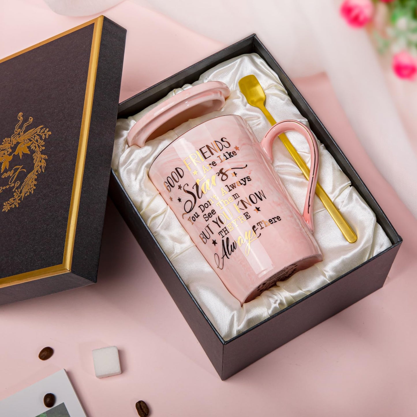 Best Friend Birthday Gifts for Women, Friendship Gifts for Women, Unique Mothers Day Birthday Gift Ideas for Her, Friends Female, Besties, BFF Ceramic Marble Coffee Mug Gift Box Printed Gold 14 oz